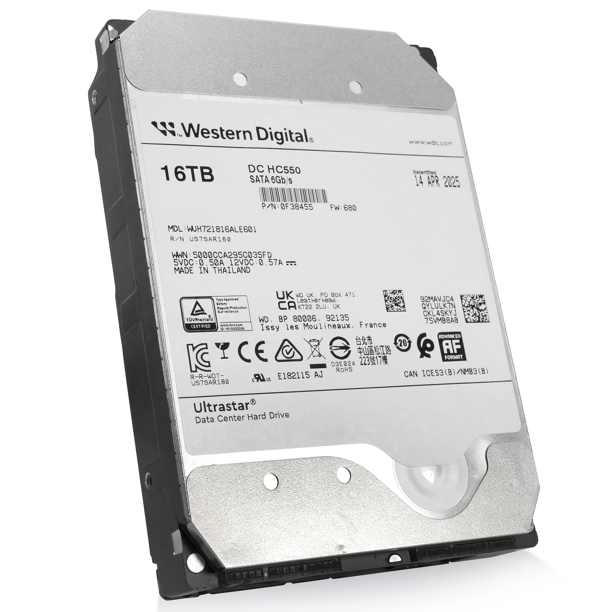 Western Digital Ultrastar DC HC550 WUH721816ALE601 0F38455 16TB 7.2K RPM SATA 6Gb/s 512e 3.5in Hard Drive