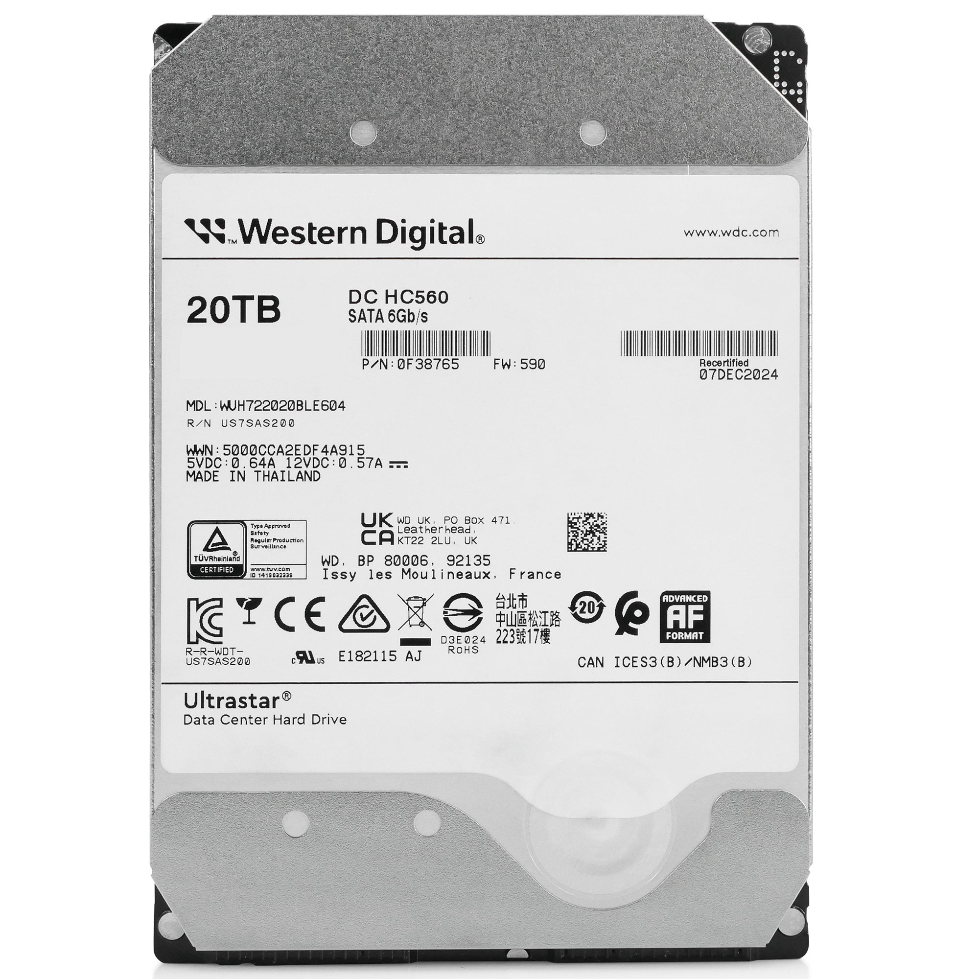 Western Digtial Ultrastar DC HC560 WUH722020BLE604 0F38765 20TB 7.2K RPM SATA 6Gb/s 512e 3.5in Recertified Hard Drive