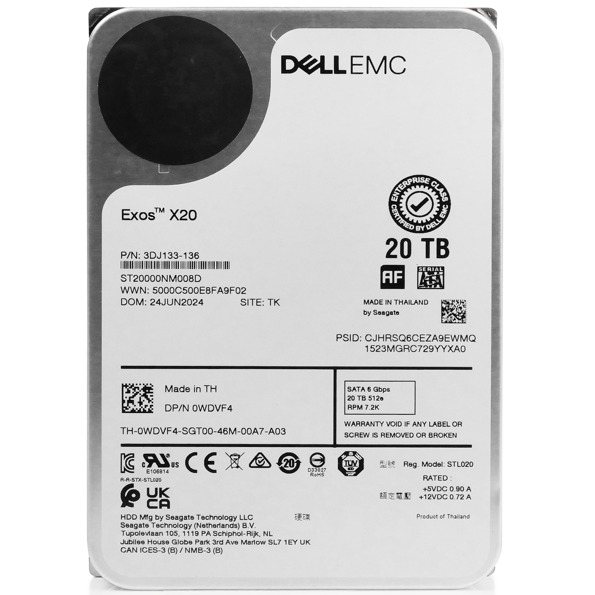 Dell/Seagate Exos X20 ST20000NM008D 20TB 7.2K RPM SATA 6Gb/s 512e 3.5in Hard Drive