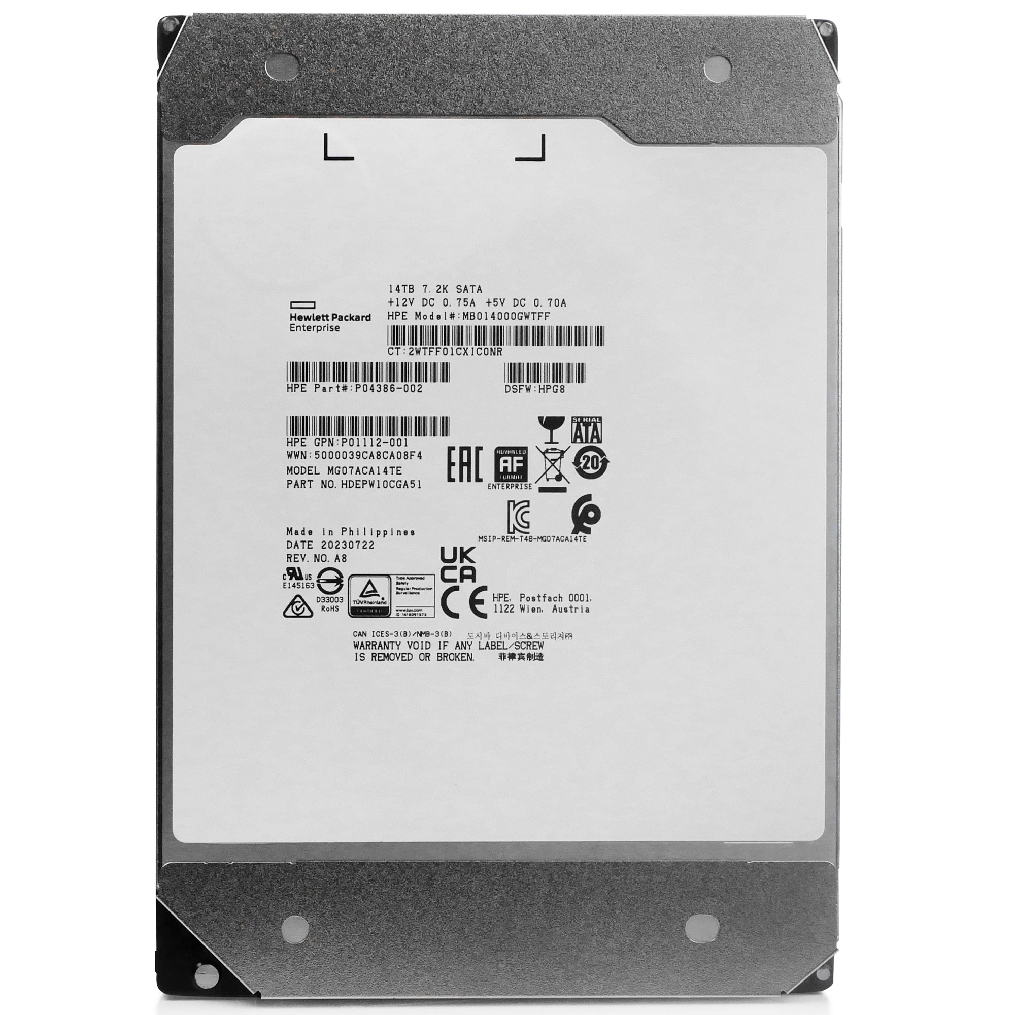 HP/Toshiba MG07 MG07ACA14TE 14TB 7.2K RPM SATA 6Gb/s 512e 3.5in Refurbished Power Disable HDD