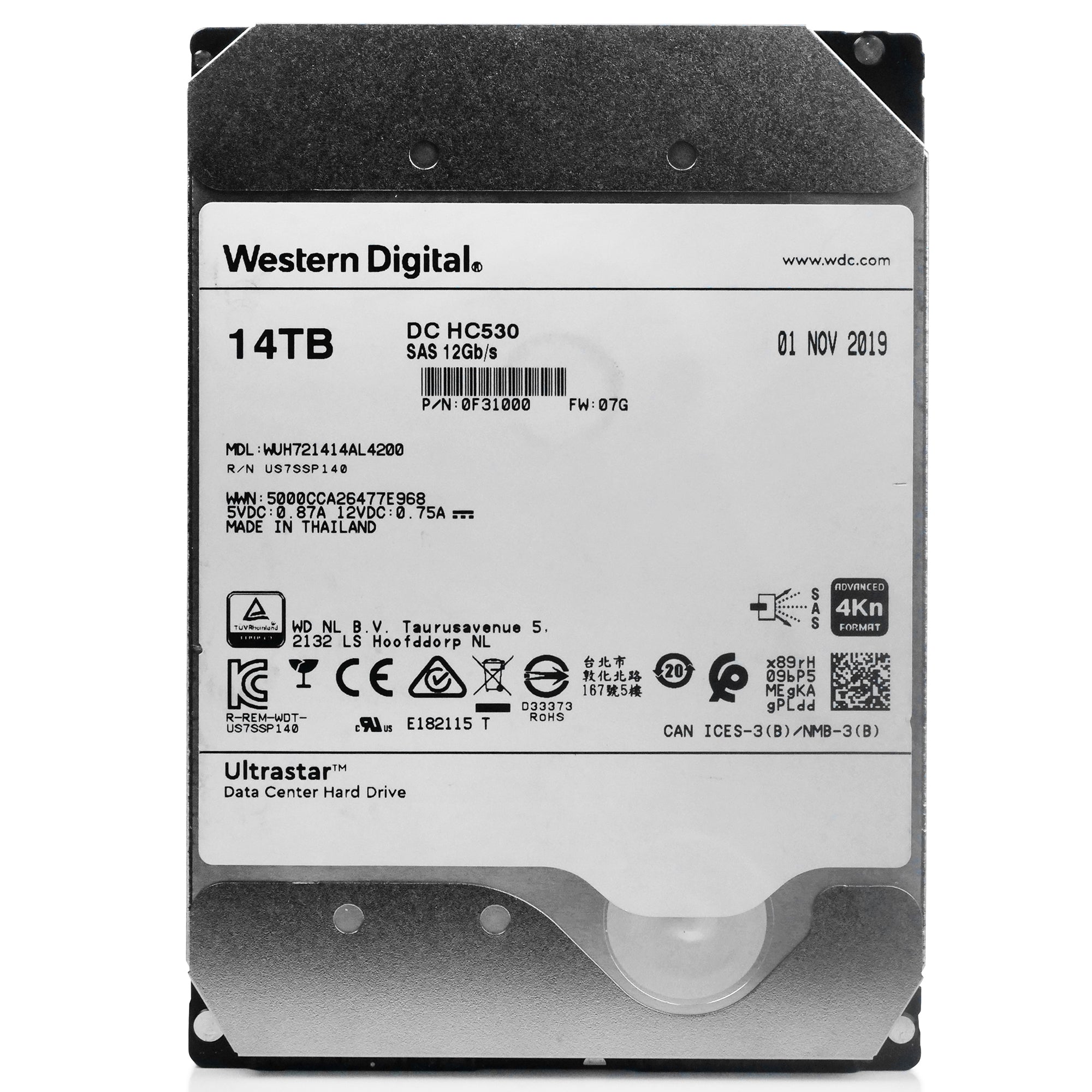 Western Digital Ultrastar DC HC530 WUH721414AL4200 0F31000 14TB 7.2K RPM SAS 12Gb/s 4Kn 3.5in Refurbished HDD