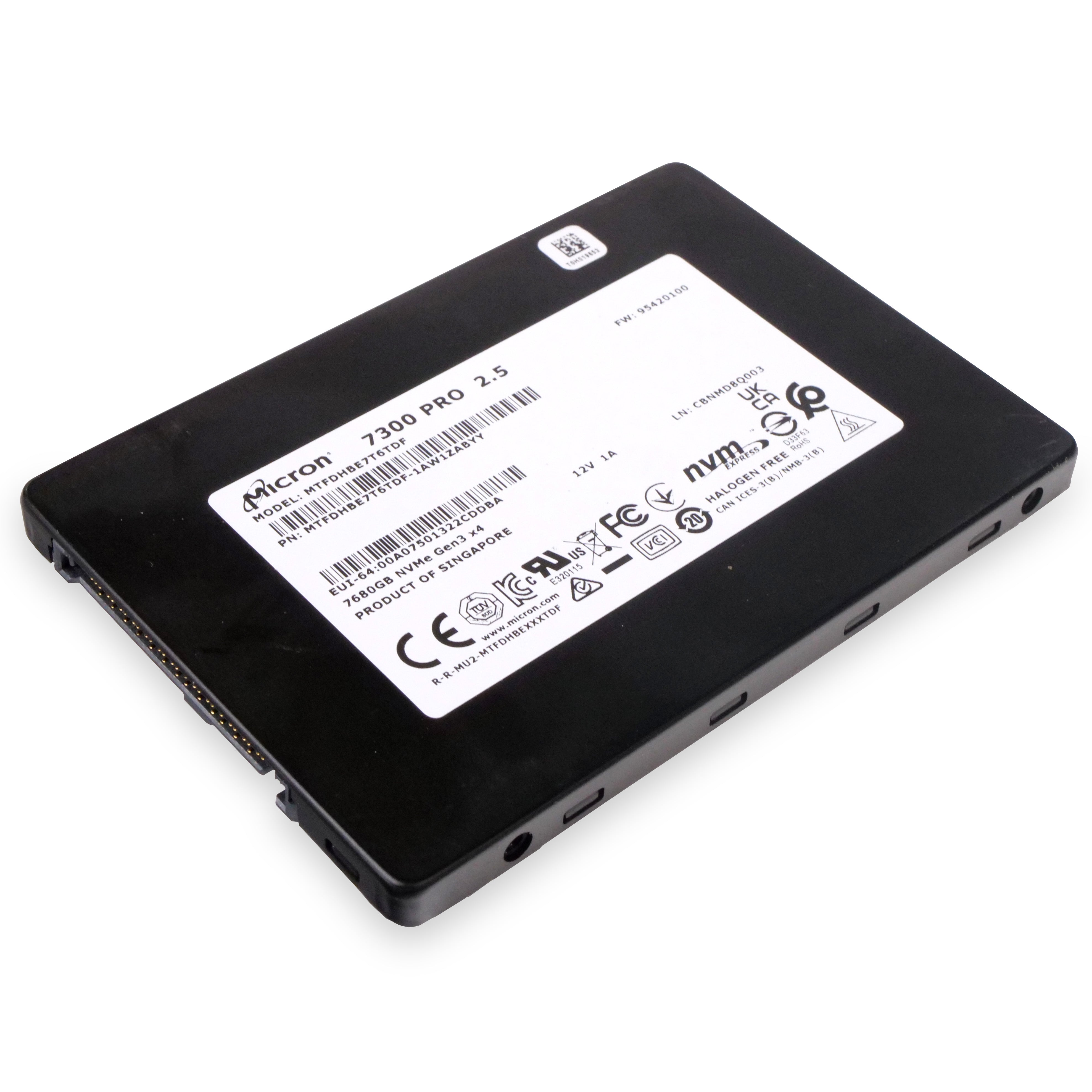 Micron 7300 PRO MTFDHBE7T6TDF 7.68TB 1 DWPD PCIe Gen 3.0 x4 4GB/s 3D TLC U.2 NVMe 2.5in Refurbished SSD