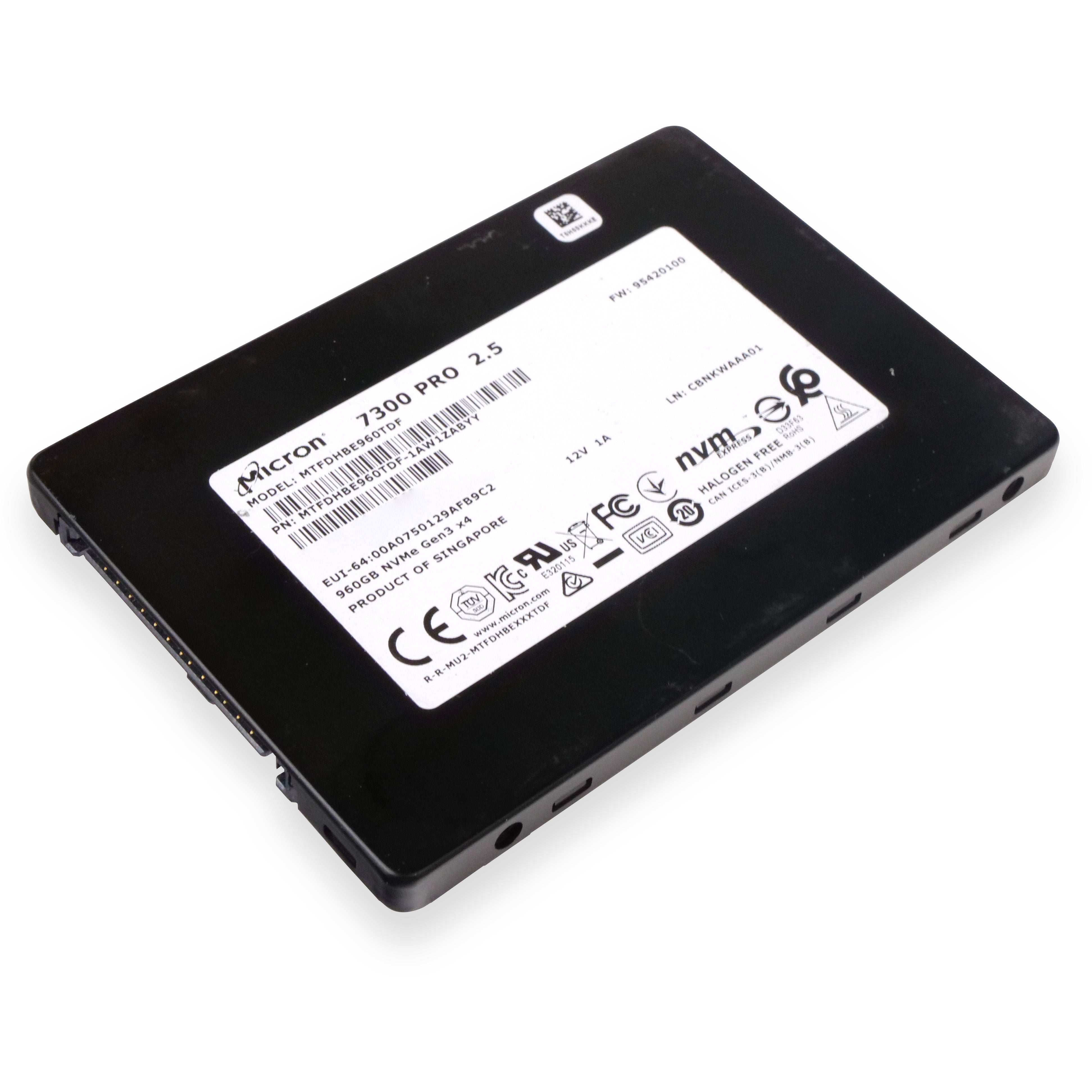 Micron 7300 PRO MTFDHBE960TDF 960GB 1 DWPD PCIe Gen 3.0 x4 4GB/s 3D TLC U.2 NVMe 2.5in Refurbished SSD