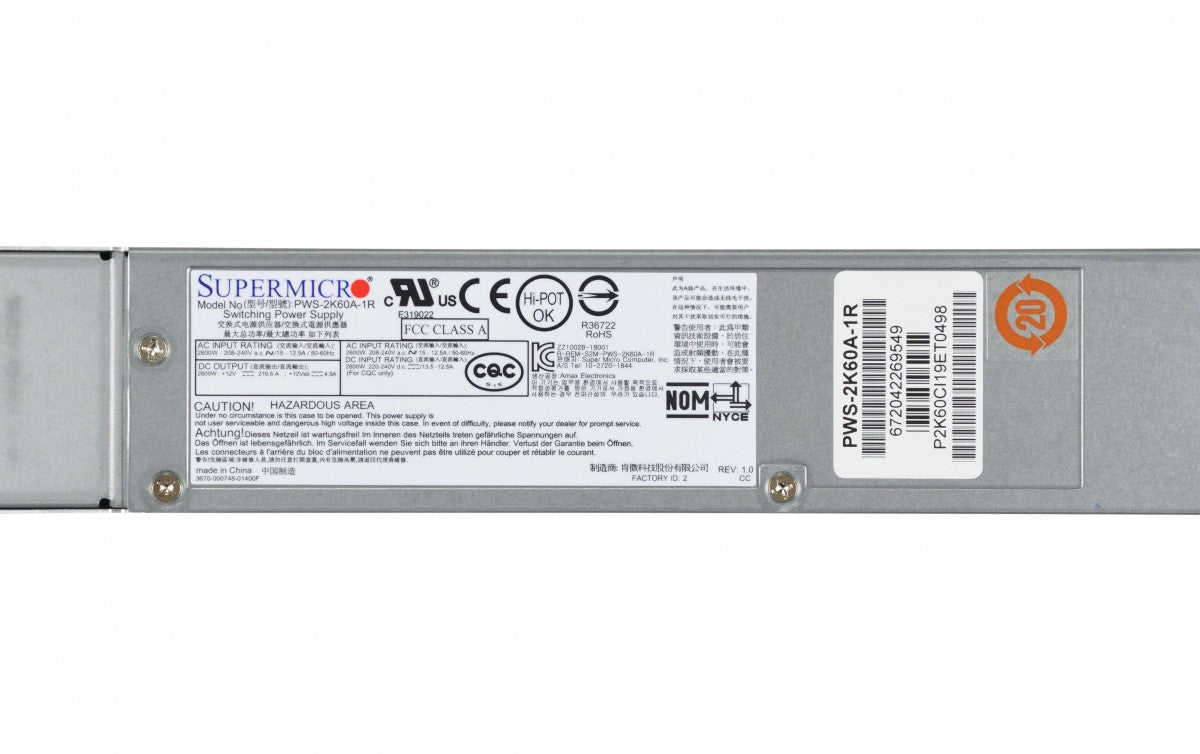 Supermicro 2600W PWS-2K60A-1R 1U Redundant Server Power Supply - PWS-2K60A-1R