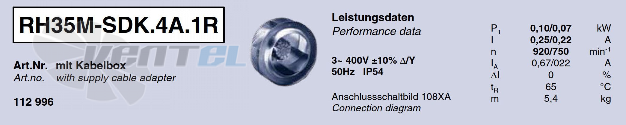 Brand new RH35M-SDK.4A.1R ZIEHL-ABEGG centrifugal fan 3-400V 50HZ