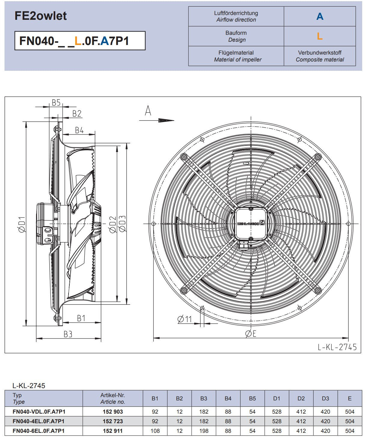 FN040-4EL.0F.A7P1 ZIEHL-ABEGG Axial Fan 0.33/0.24kW 3~400-460V 1.4/1.06A 1340/1480rpm