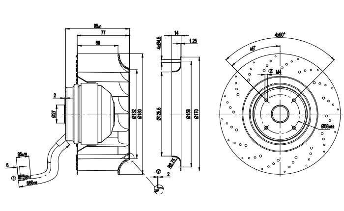 R2E180-AT06-15 Fan Motorized Impellers 230VAC Round - 180mm Dia Ball 4 Wire Leads with Splice Terminals
