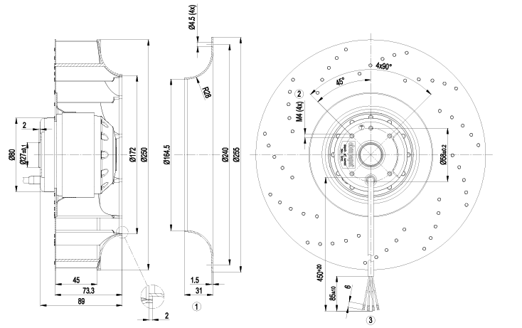 R2E250-AQ05-12 ebm papst AC Motorized Impeller Centrifugal Ball Bearing 230V 225 X 89mm