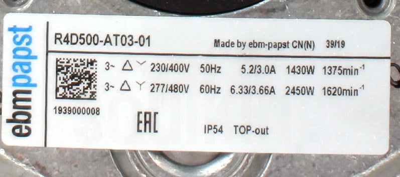 R4D500-AT03-01 Ebm-Papst 3 Phase Frequency: 50/60Hz Volgate:380-460VAC