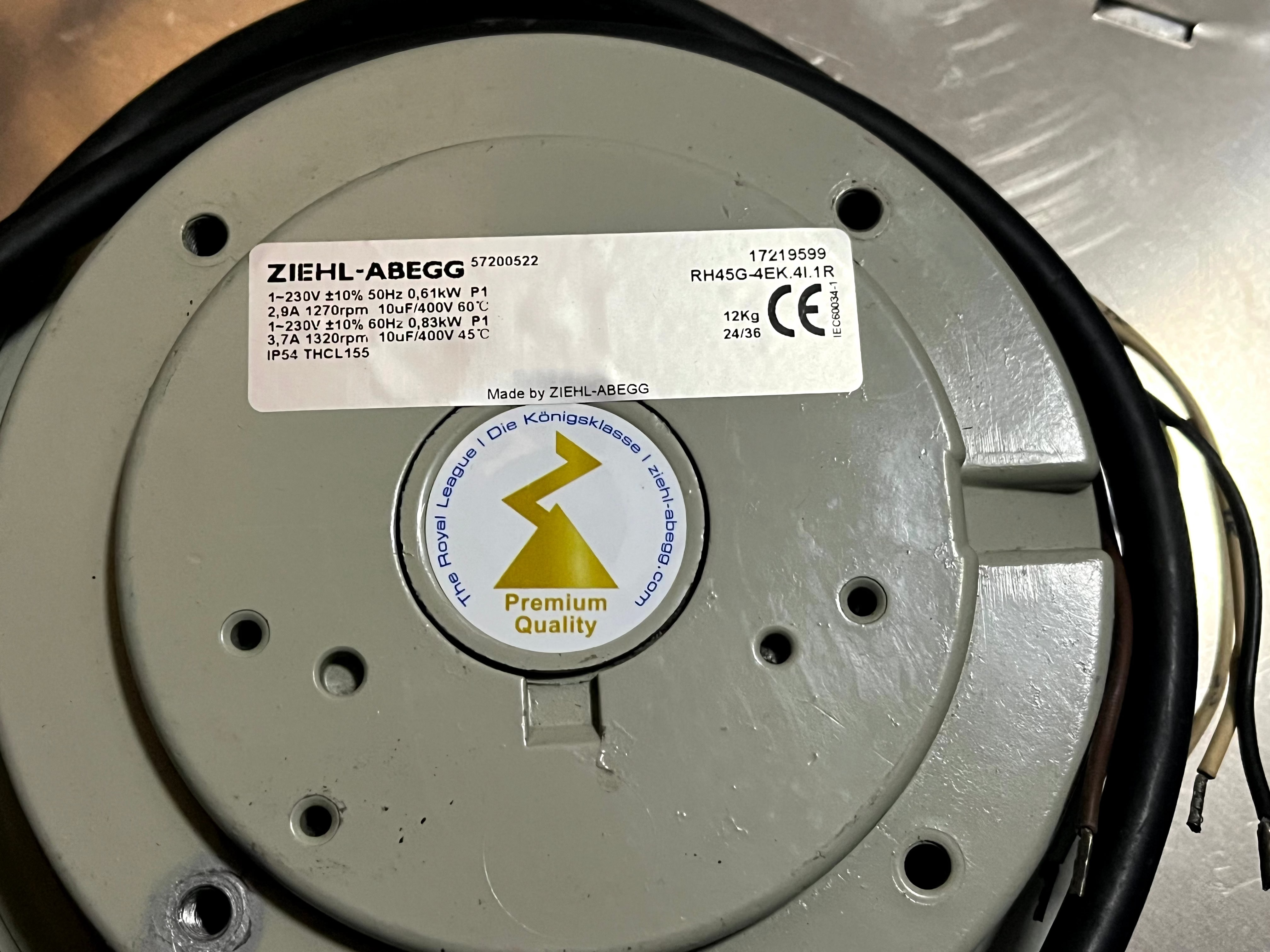 Brand new RH45G-4EK.4I.1R ZIEHL-ABEGG centrifugal fan 230V 0.61/0.83kW 2.9/3.7A 1270/1320rpm