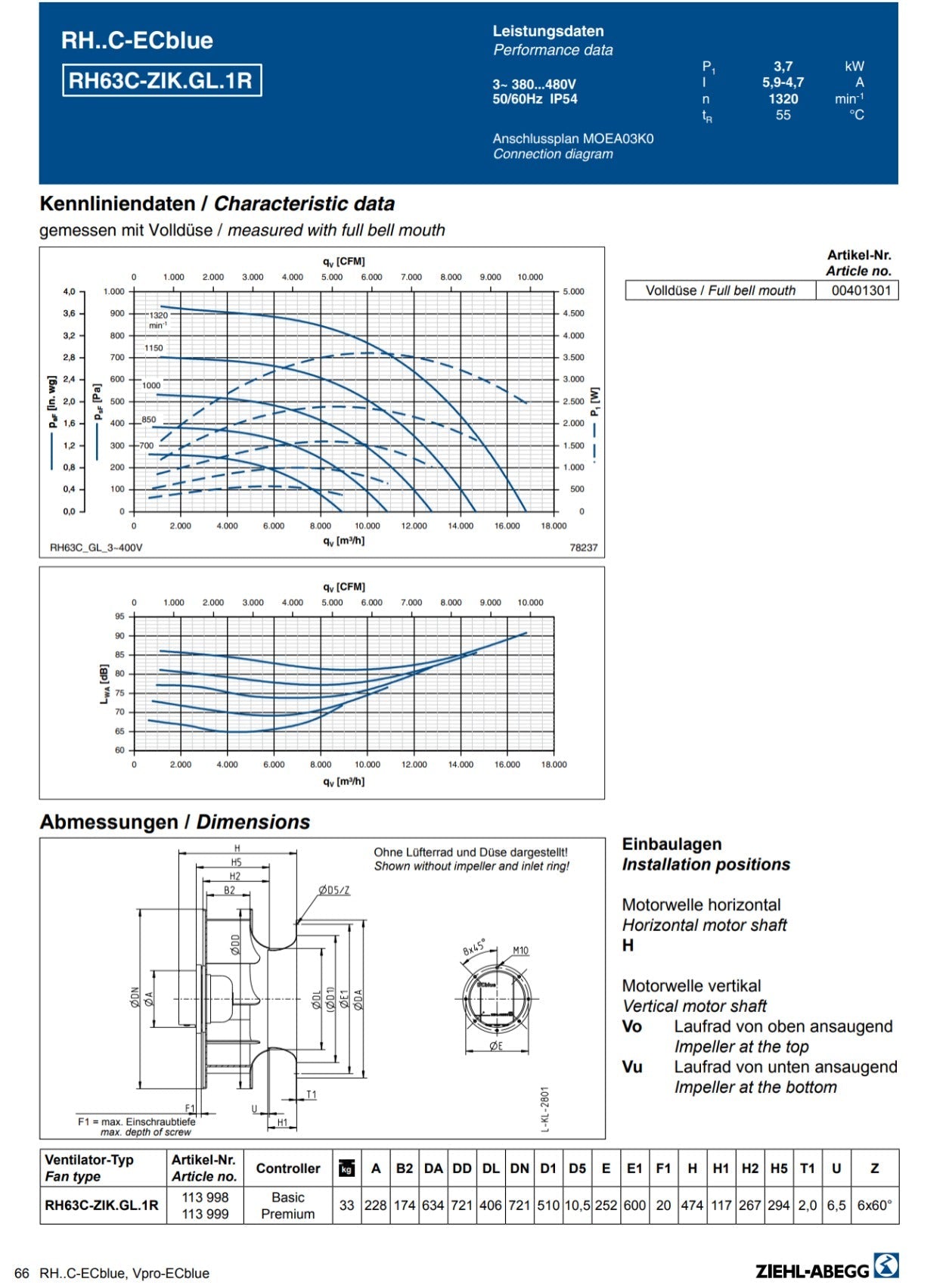 RH63C-ZIK.GL.1R Art No 113998 ZIEHL-ABEGG centrifugal fan EC-Blue EC Series