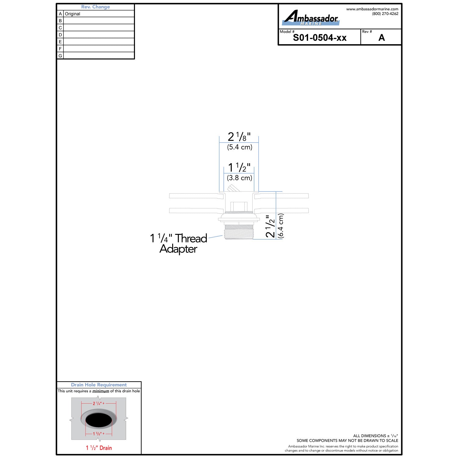 Ambassador Marine S01-0504 1 1/2" Flip Drain