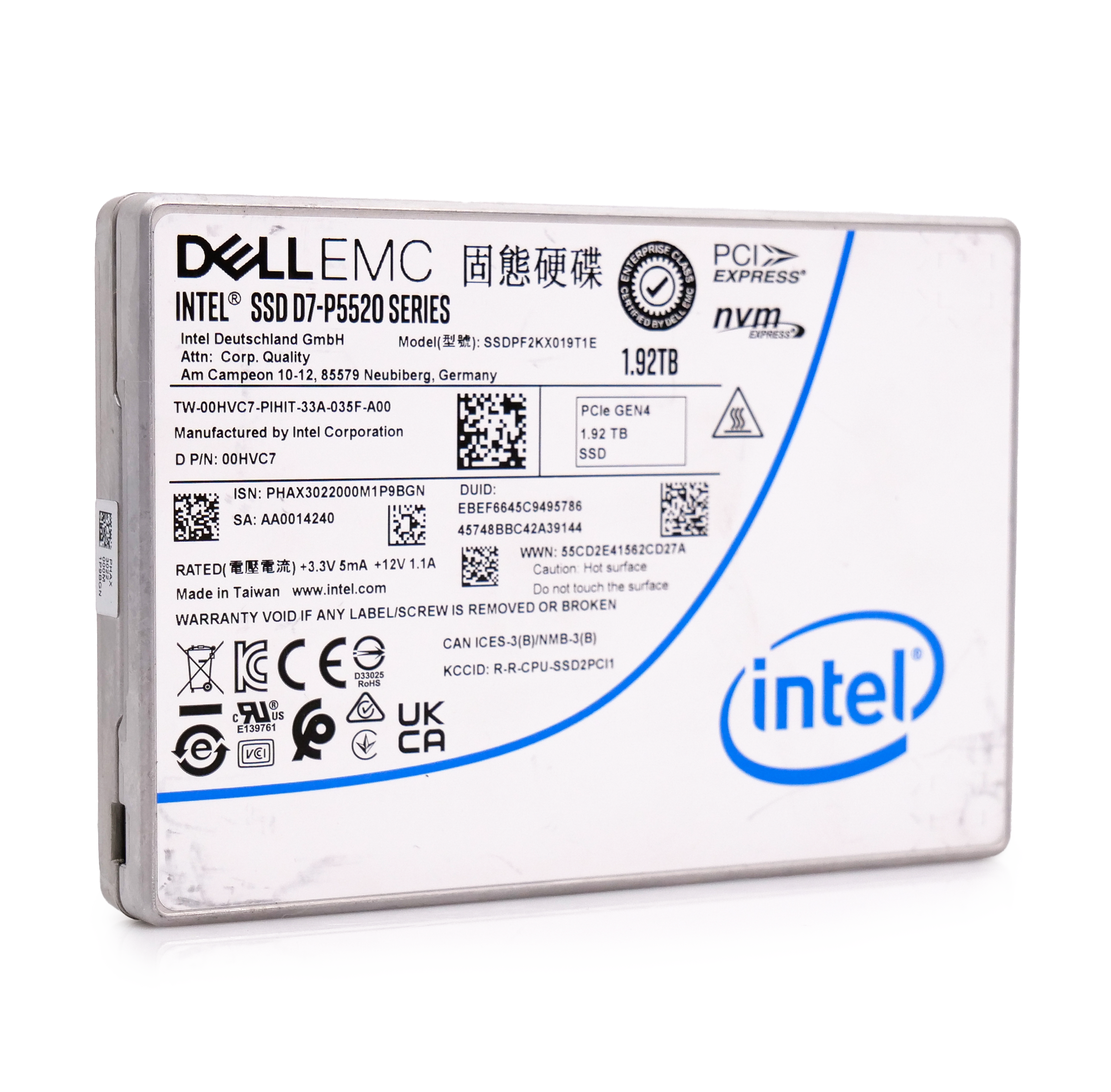 Intel/Dell P5520 SSDPF2KX019T1E 00HVC7 1.92TB 1 DWPD PCIe Gen 4.0 x4 8GB/s Mixed Use U.2 NVMe 2.5in Enterprise Solid State Drive