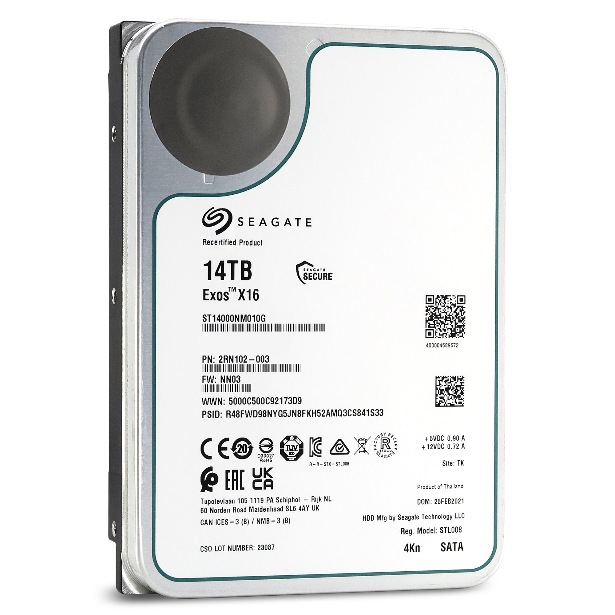 Seagate Exos X16 ST14000NM010G 14TB 7.2K RPM SATA 6Gb/s 512e 3.5in Recertified Hard Drive