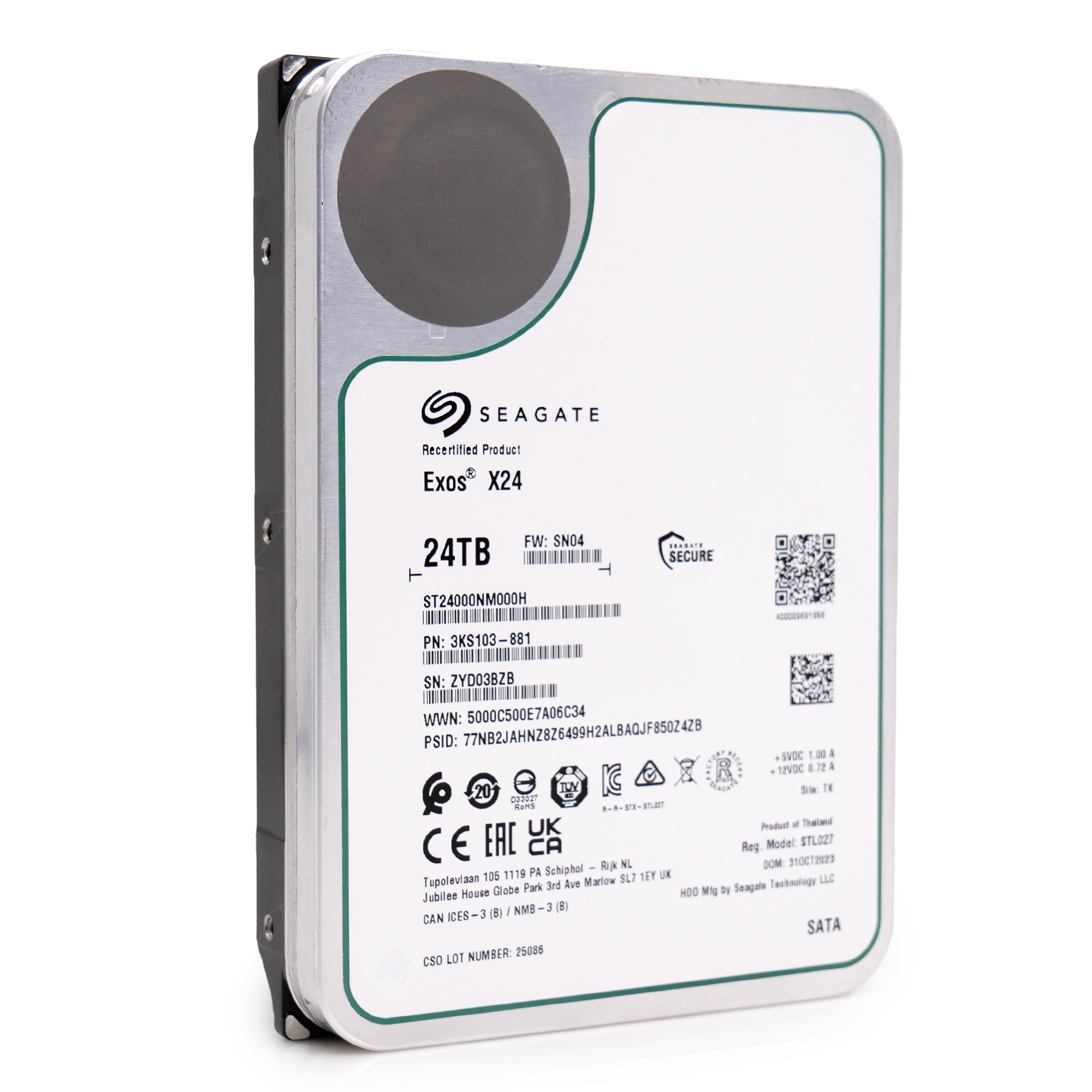 Seagate Exos X24 ST24000NM000H 24TB 7.2K RPM SATA 6Gb/s 512e CMR 3.5in Recertified Hard Drive