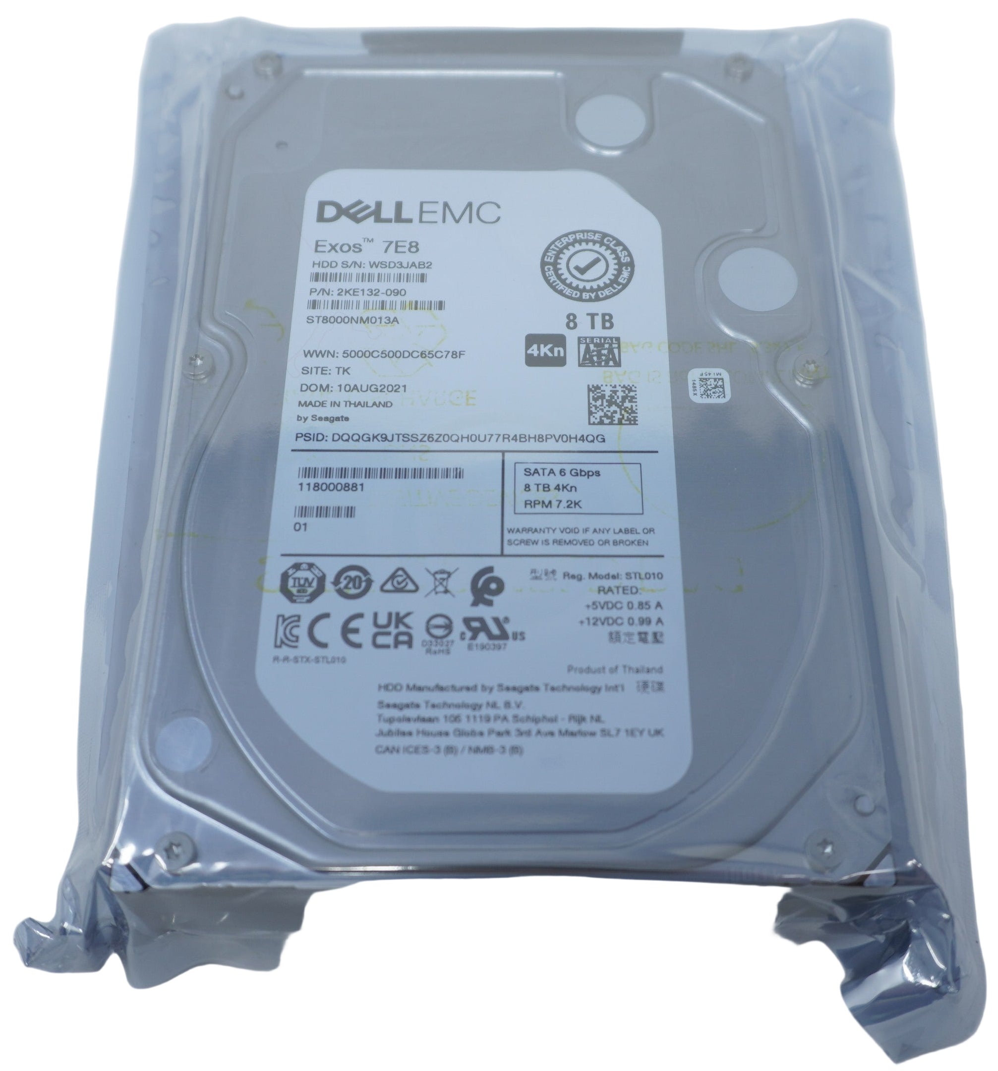 ST8000NM013A Dell 7E8 8TB 7.2K RPM SATA 6Gb/s 4Kn 3.5in Hard Drive