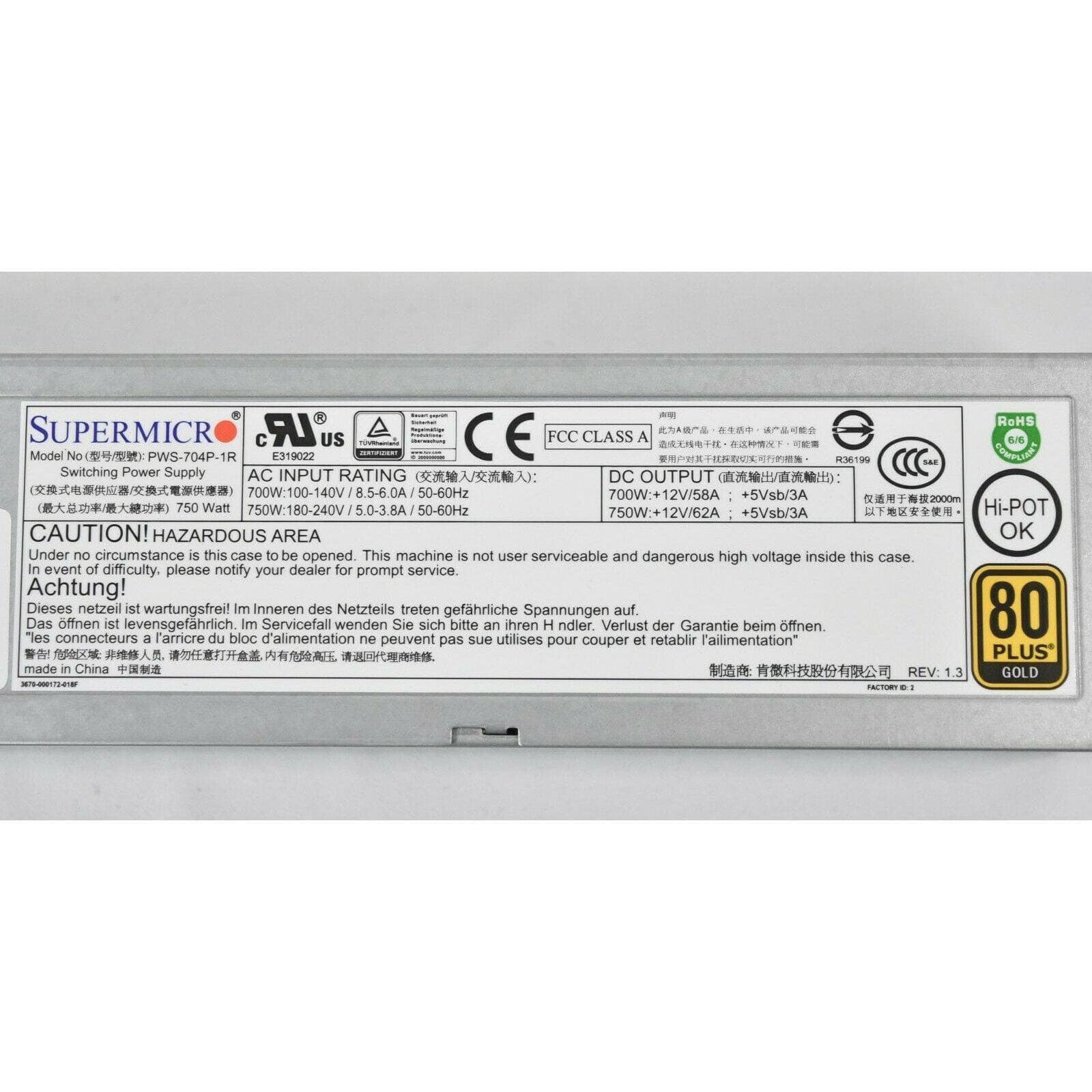 Supermicro PWS-704P-1R 750 Watt Server Power Supply 672042059997-FoxTI