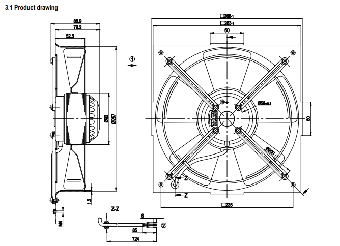 W2D250-GA08-08 ebmpapst 380VAC 268mm L x 268mm FAN AXIAL