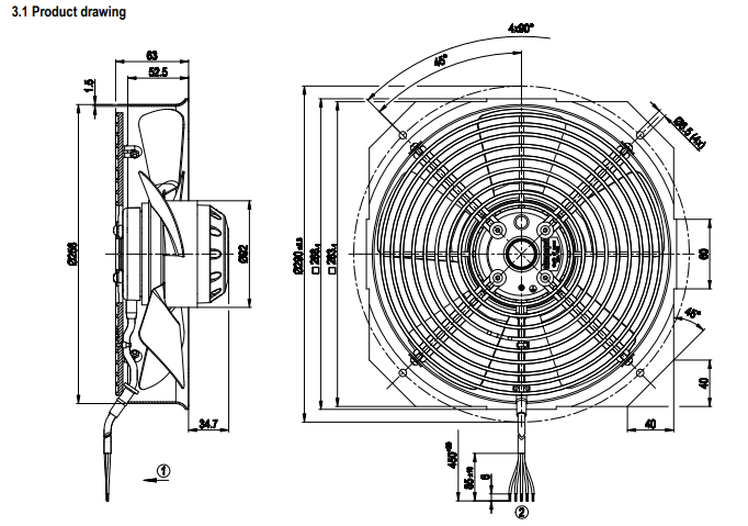 Ebm-papst W2E250-EC01-06 AC Fan, 230V, 250x63mm