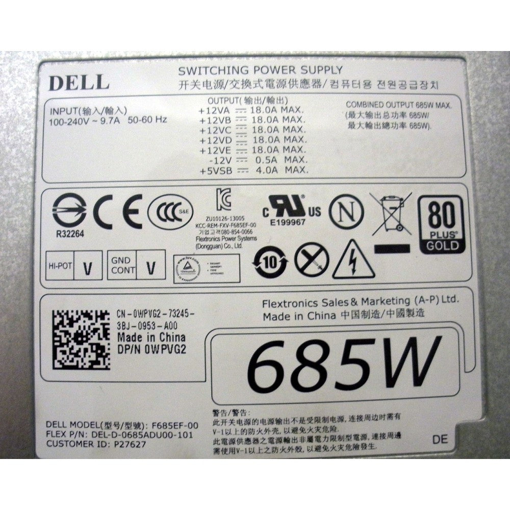 Dell WPVG2 Power Supply 685 Watt 80 Plus Gold for PRECISION T5610 via Flagship Tech