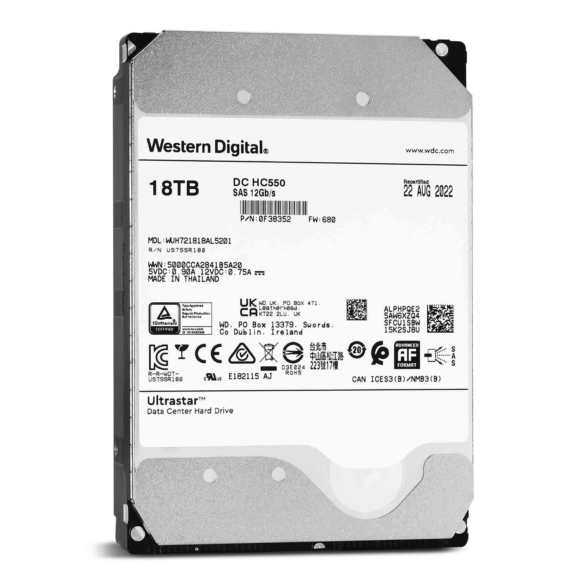Western Digital Ultrastar DC HC550 WUH721818AL5201 0F38352 18TB 7.2K RPM SAS 12Gb/s SED 3.5in Recertified Hard Drive