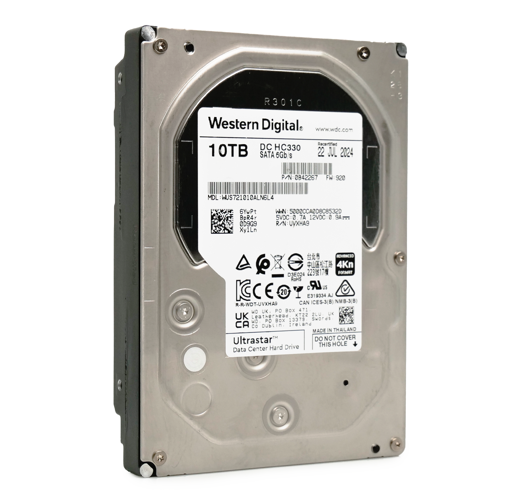 Western Digital Ultrastar DC HC330 WUS721010ALN6L4 0B42267 10TB 7.2K RPM 4kn SATA 6Gb/s 512e 3.5in Refurbished HDD