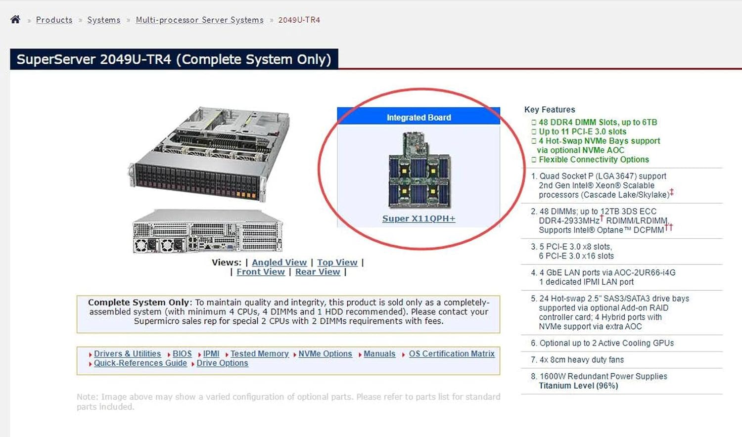 Supermicro X11QPH+ Socket LGA 3647 (Socket P) Intel C621 Chipset Intel Xeon Scalable Processors Support DDR4 48x DIMM 14x SATA3 6.0Gb/s Proprietary Motherboard