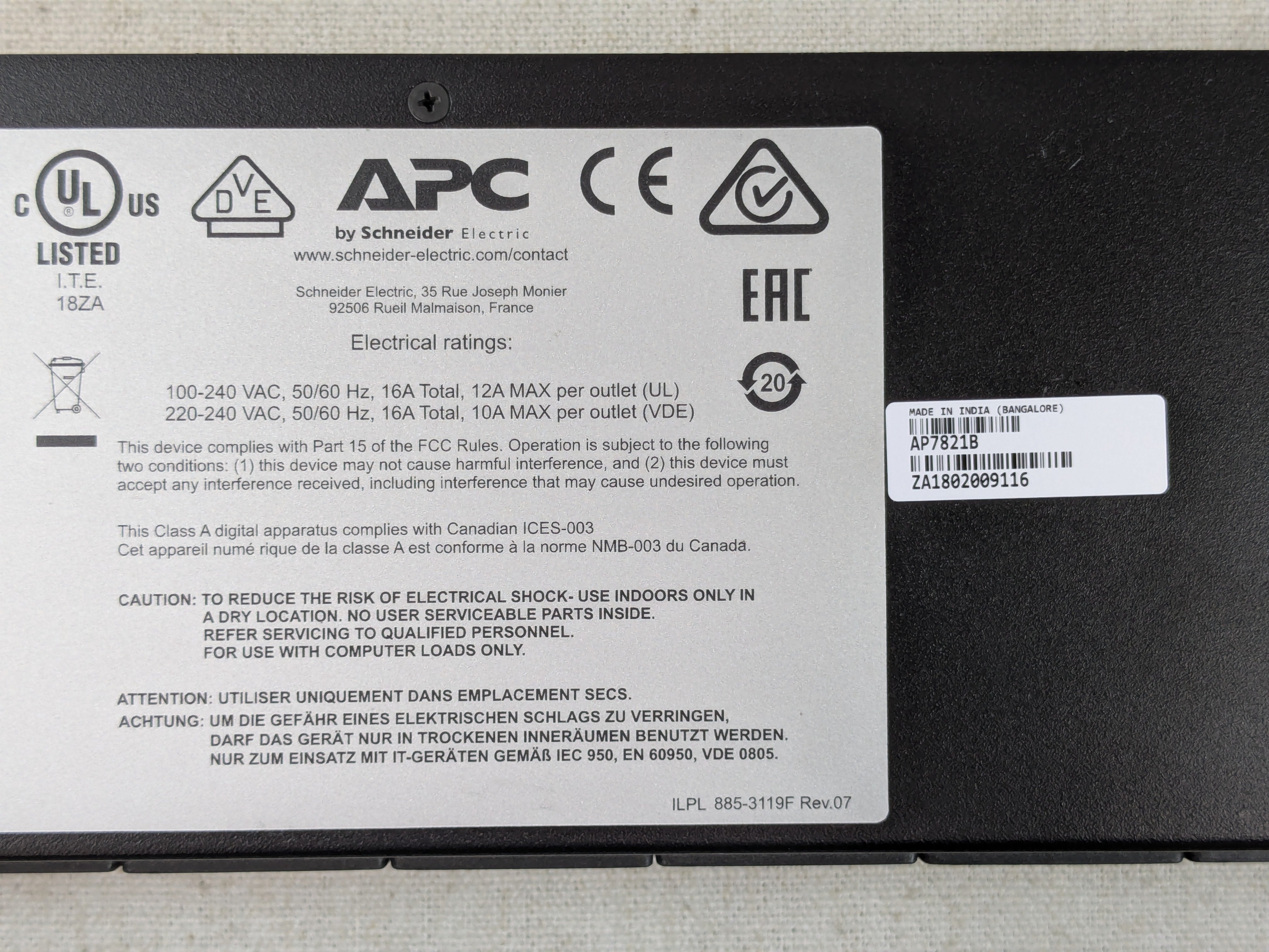APC AP7821B 1U 16A 208/230V 8x C13 Outlet Rack PDU Metered