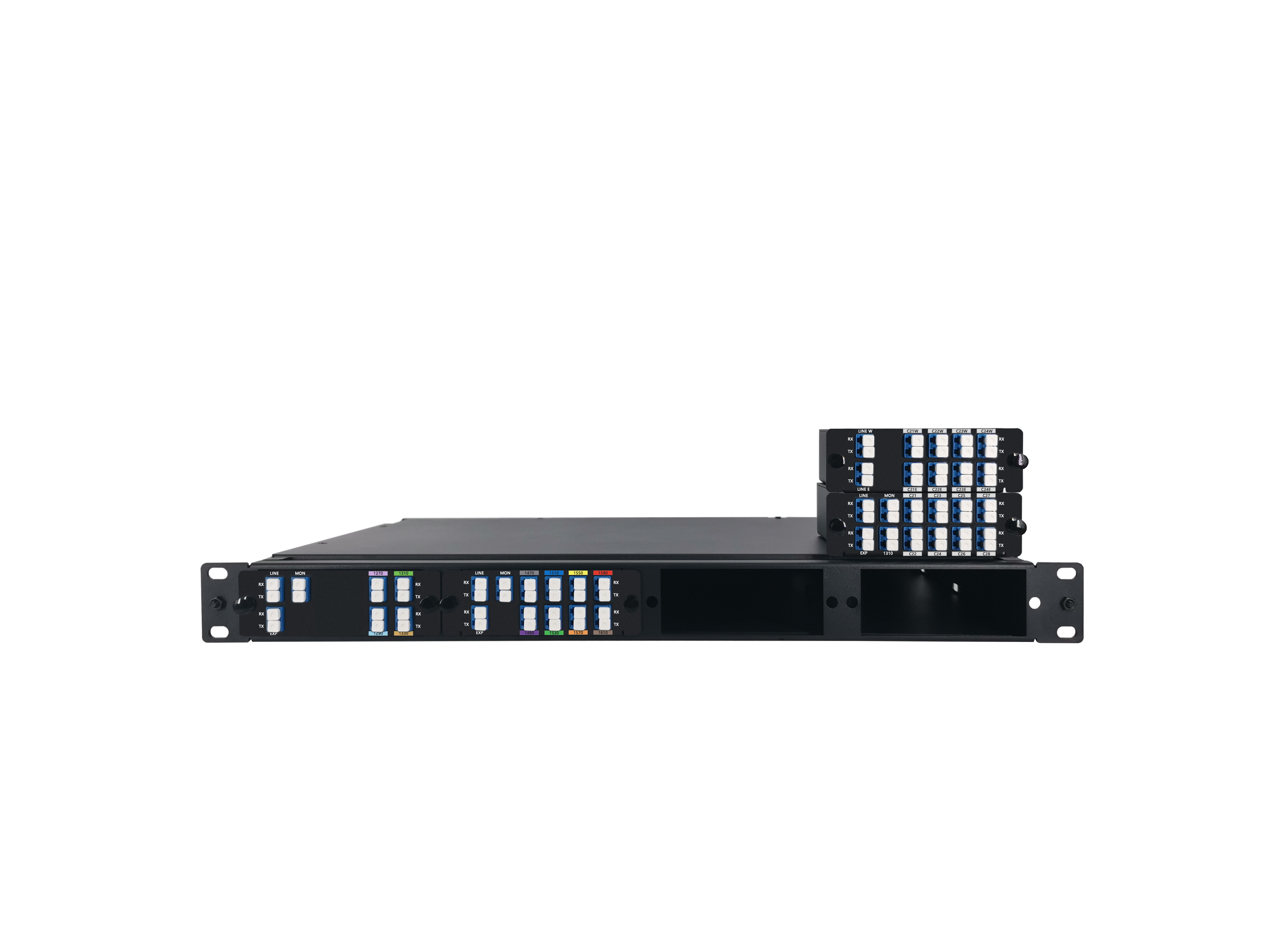 8 Channels DWDM Mux Demux, 100GHz C21-C28, with EXP & Mon and 1310nm Port, 2.4dB Typical IL, LC/UPC, Dual Fiber, High Density, FHD Plug-in Module