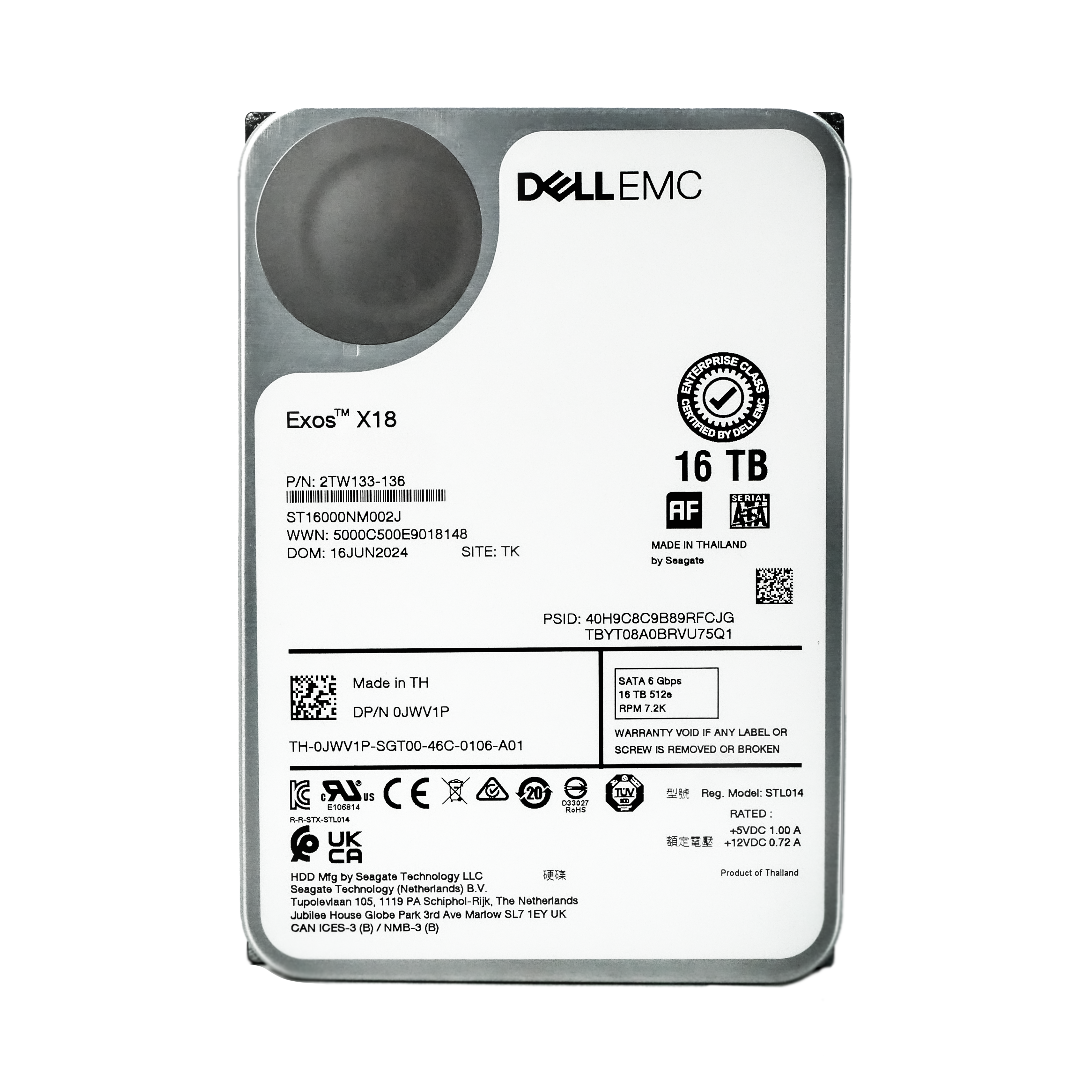 Dell/Seagate Exos X18 ST16000NM002J 16TB 7.2K RPM SATA 6Gb/s 512e 3.5in Refurbished HDD
