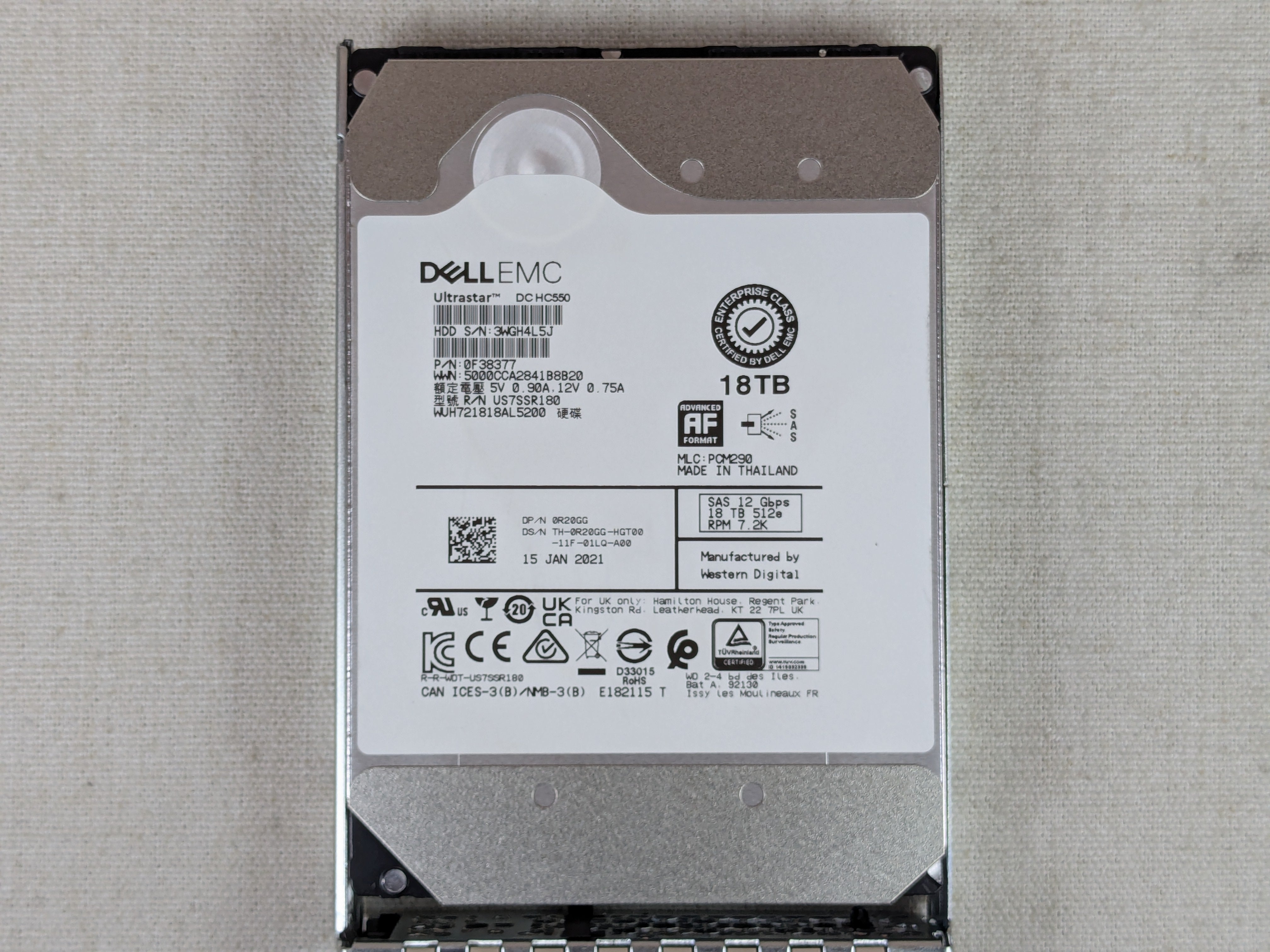 Dell R20GG 18TB 7.2k 12Gb/s 3.5" NL SAS Hard Drive WUH721818AL5200 w/ 14G Tray