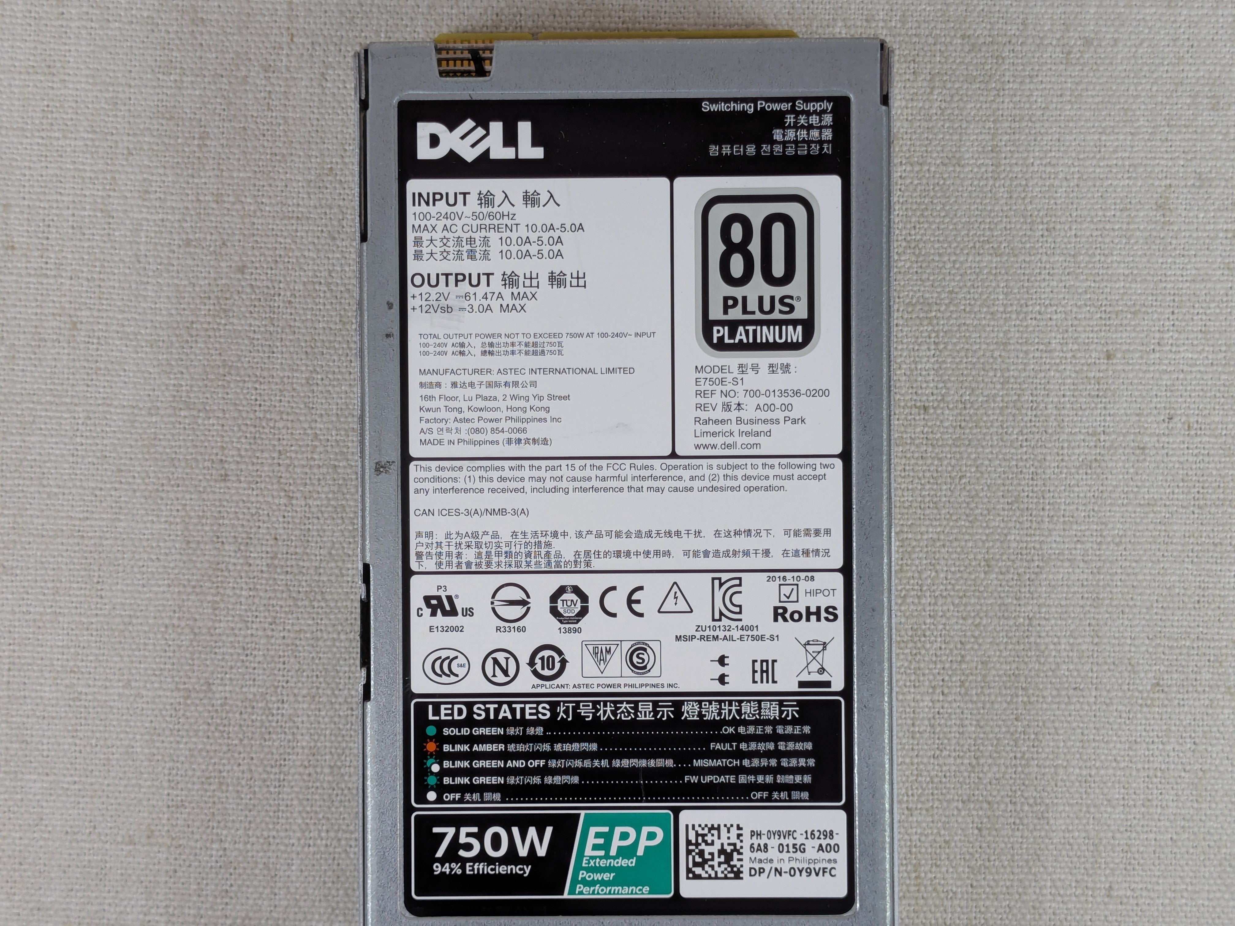 Dell Y9VFC 750W 80+ Platinum Power Supply Module PowerEdge R630 R730 R640 R740
