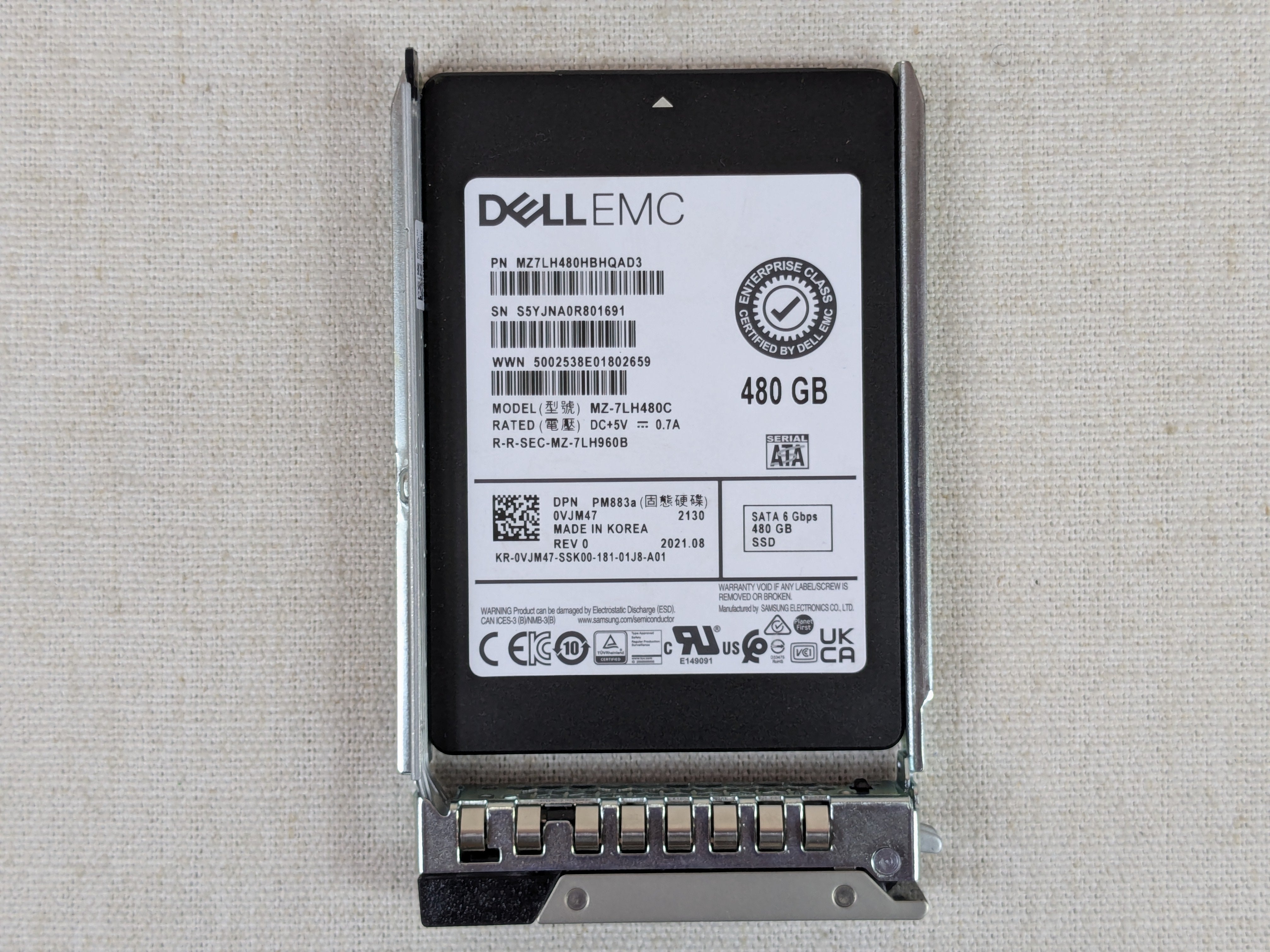 Dell VJM47 480GB 6Gb/s 2.5" SATA RI TLC SSD Samsung PM883a MZ-7LH480C 14G Tray