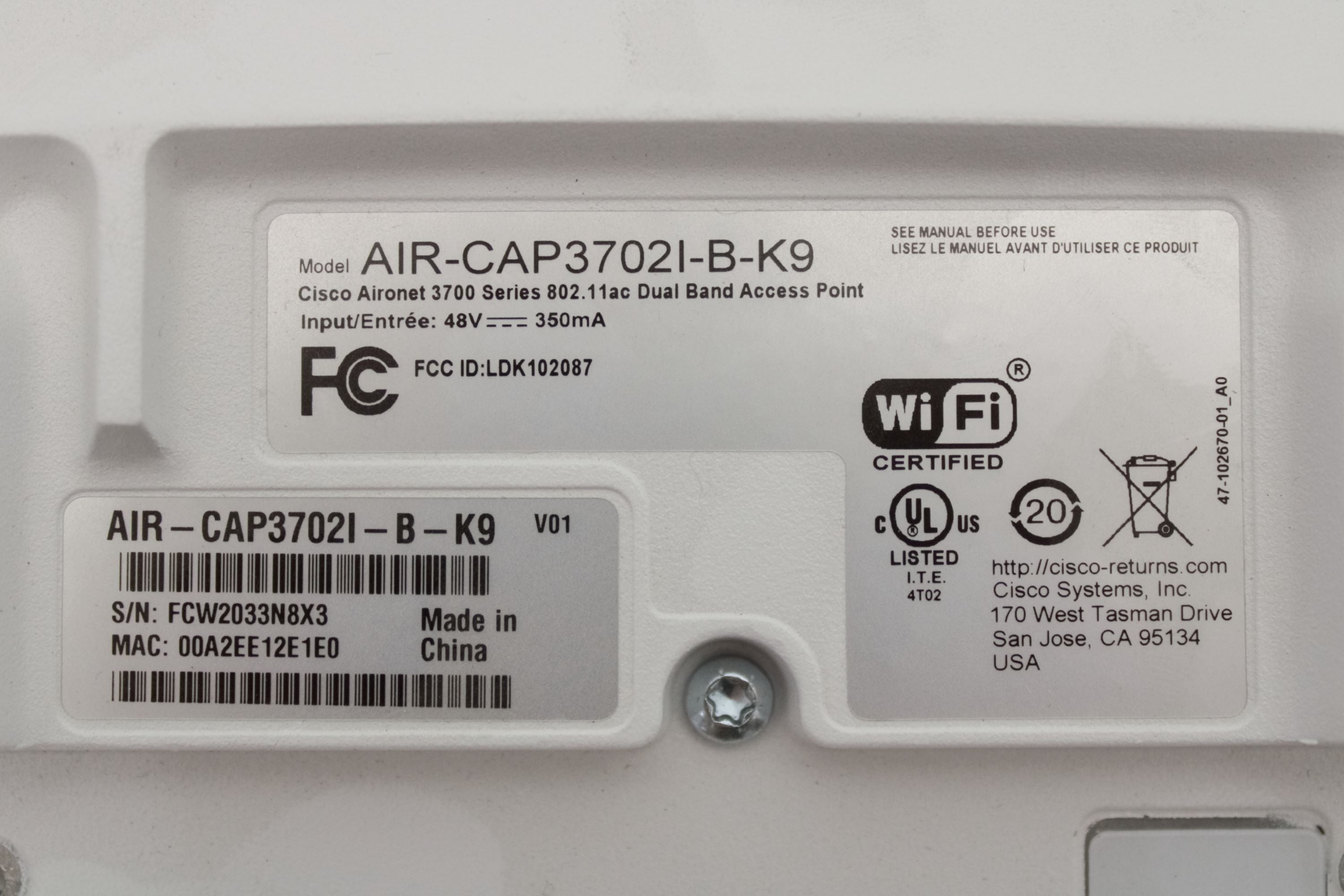 Cisco AIR-CAP3702I-B-K9_x10 802.11AC CTRL AP 4X4:3SS CLEANAIR