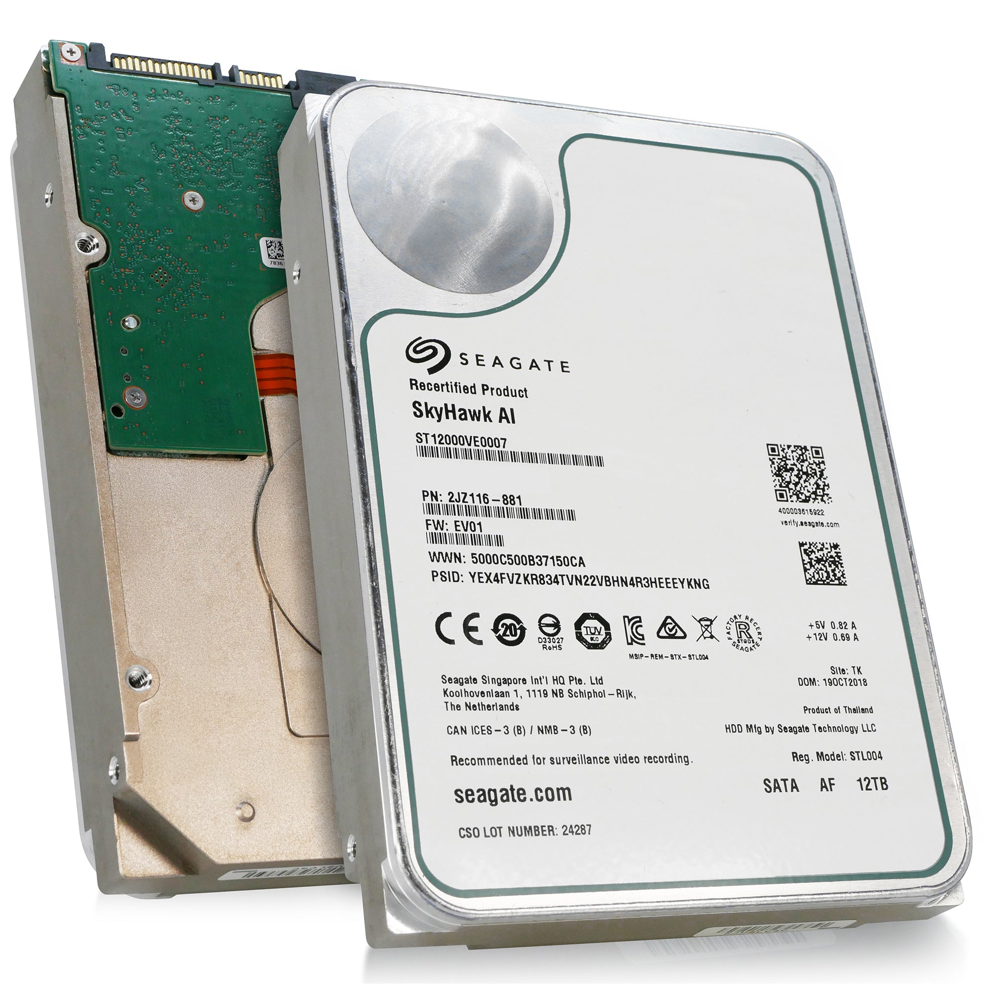 Seagate SkyHawk AI ST12000VE0007 12TB 7.2K RPM SATA 6Gb/s 512e 3.5in Recertified Hard Drive