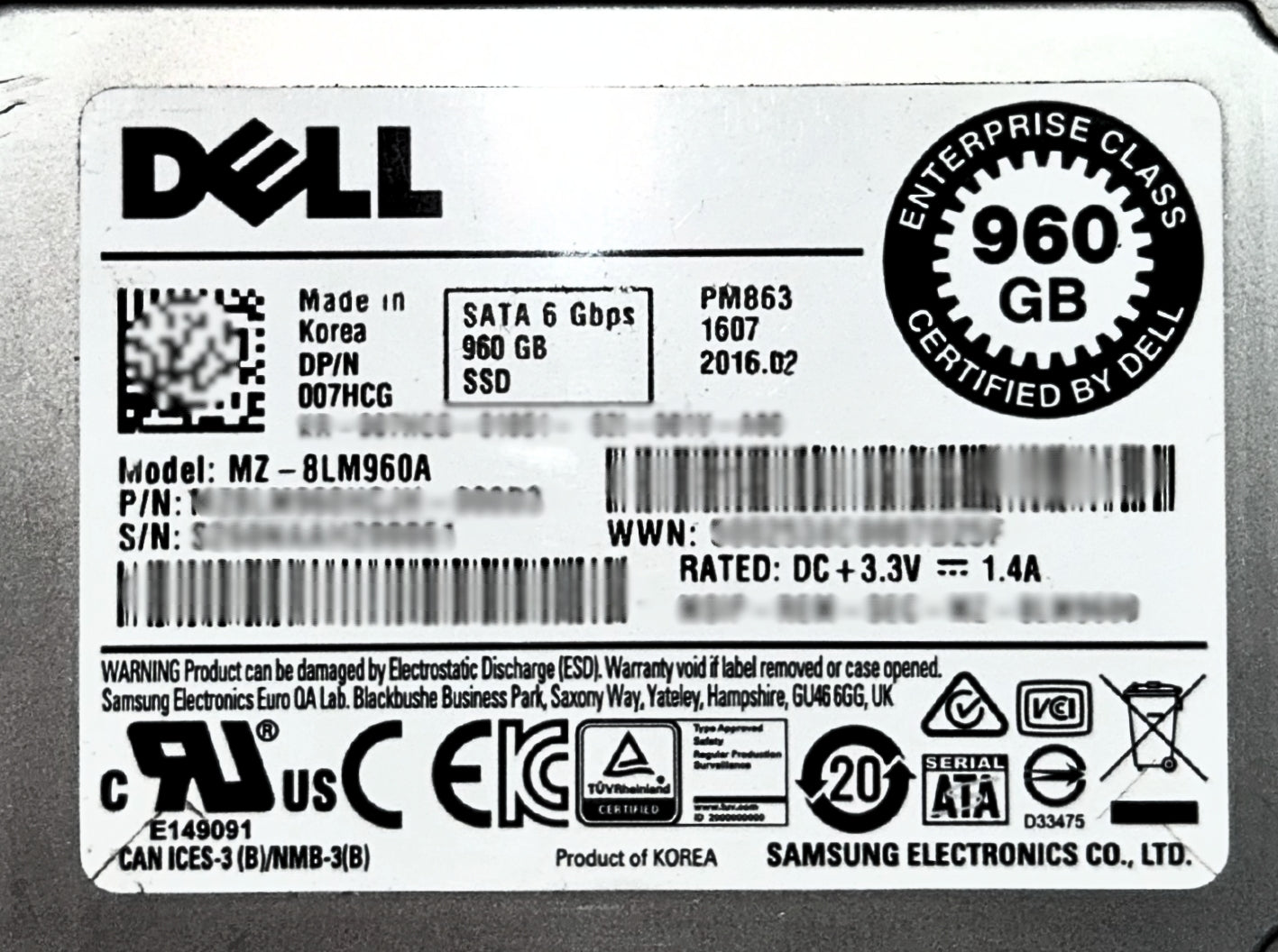 Dell 07HCG 960GB SSD SATA 1.8' 6G RI MZ8LM960HCJH-000D3 / MZ-8LM960A