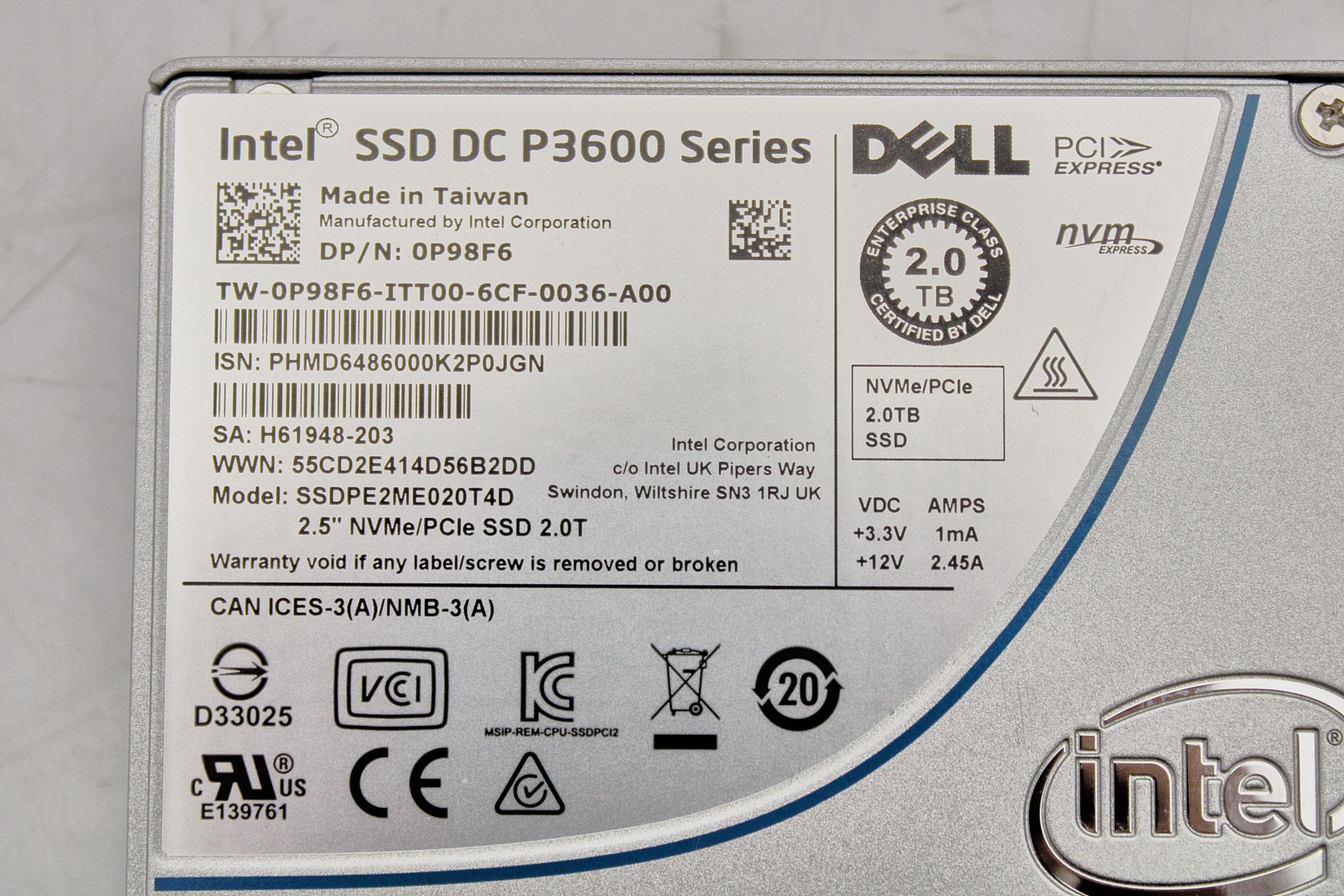 Dell P98F6 2TB SSD NVME U.2 PCIE 2.5 MU EP INTEL P3600 SSDPE2ME020T4D