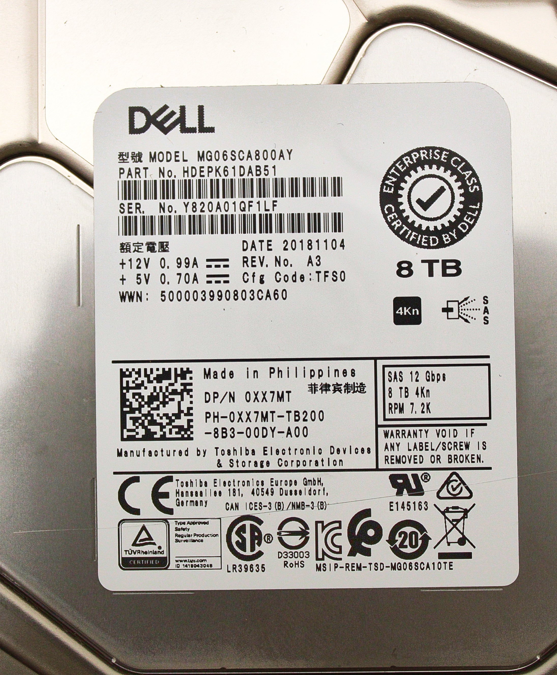 Dell XX7MT 8TB 7.2K SAS 3.5 12G 4K MG06SCA800AY / HDEPK61DAB51