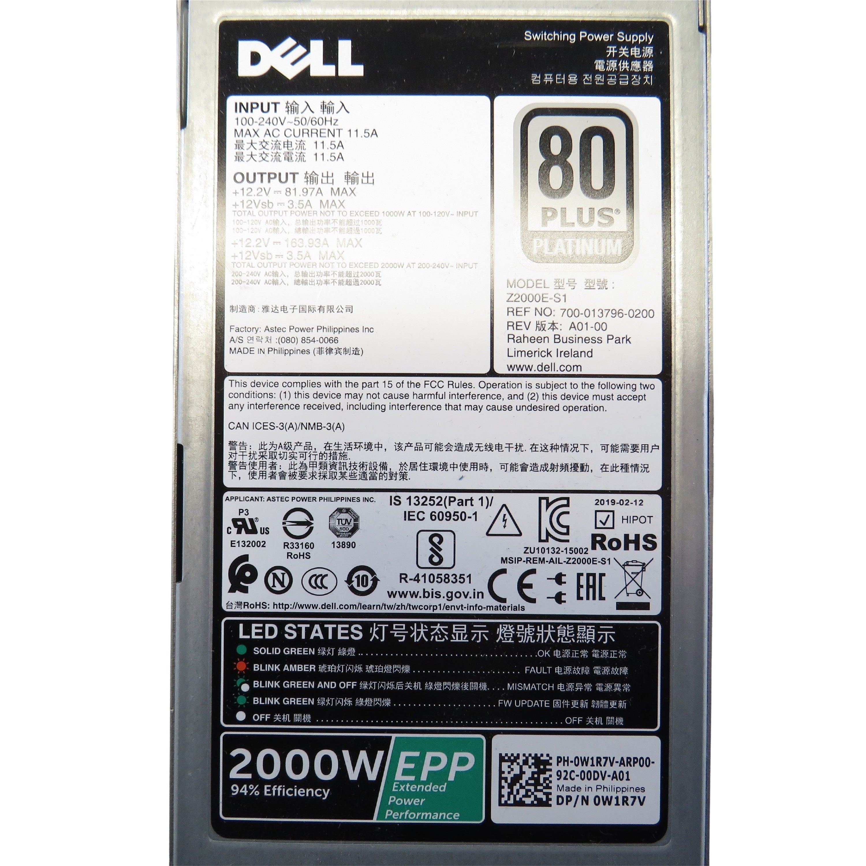 Dell W1R7V 2000W PowerEdge FX2 C4130 Server Power Supply (Refurbished)