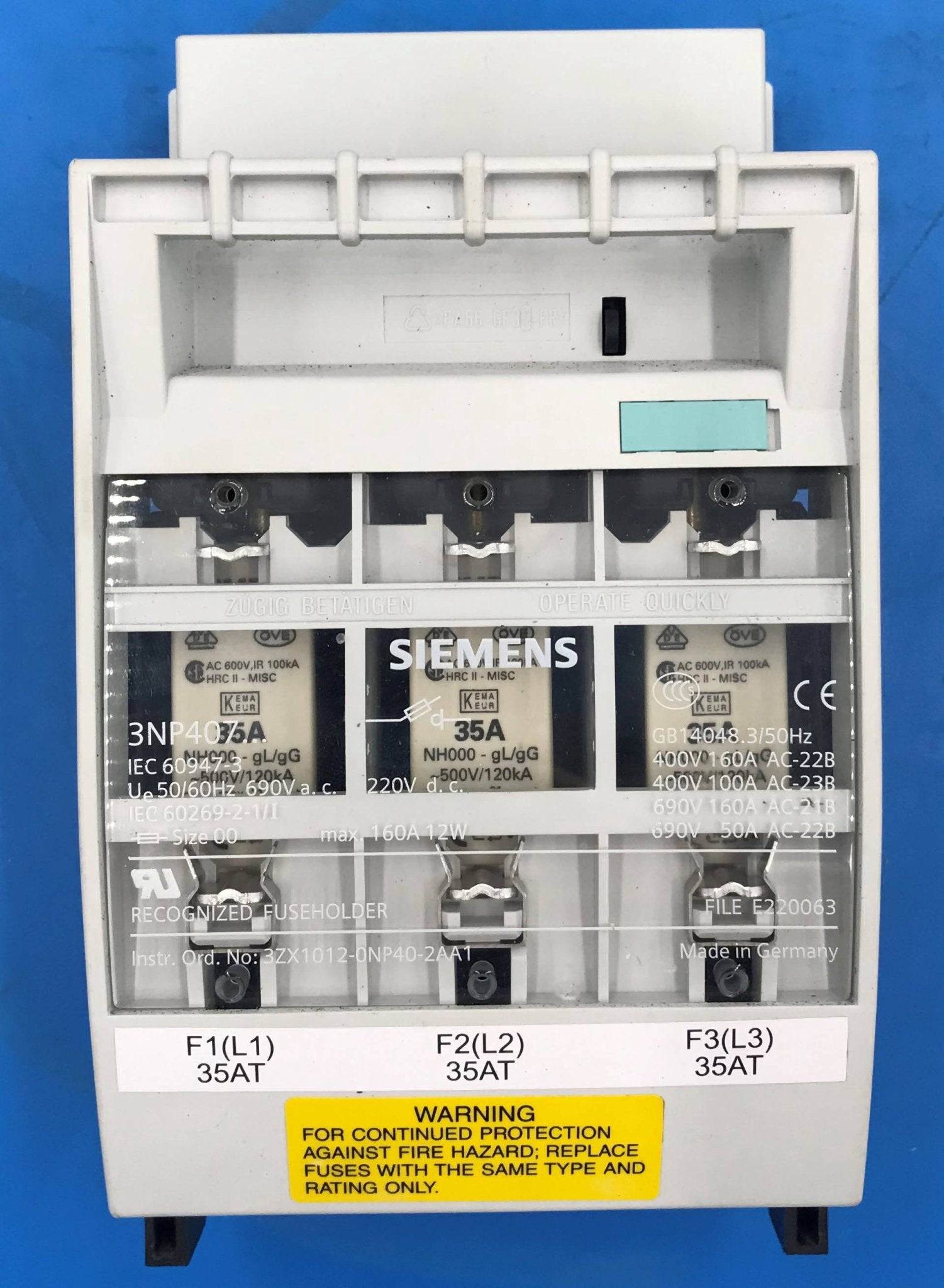 Fuse Holder W/ Fuses (3X1012-0NP40-2AA1/3NA3 814 x3) Siemens