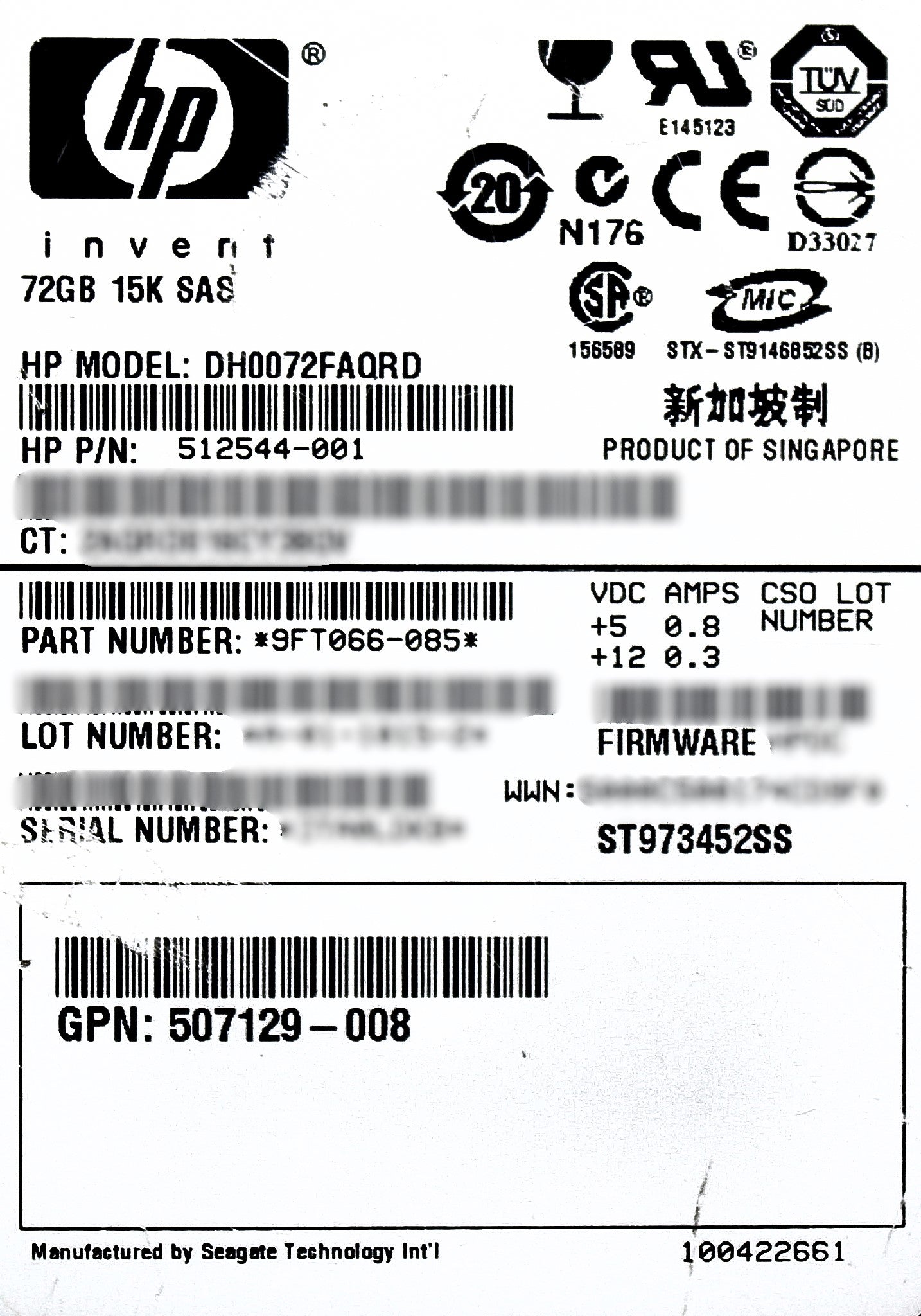 HP 512544-001 HP 72GB 15K DP 6G SAS HDD