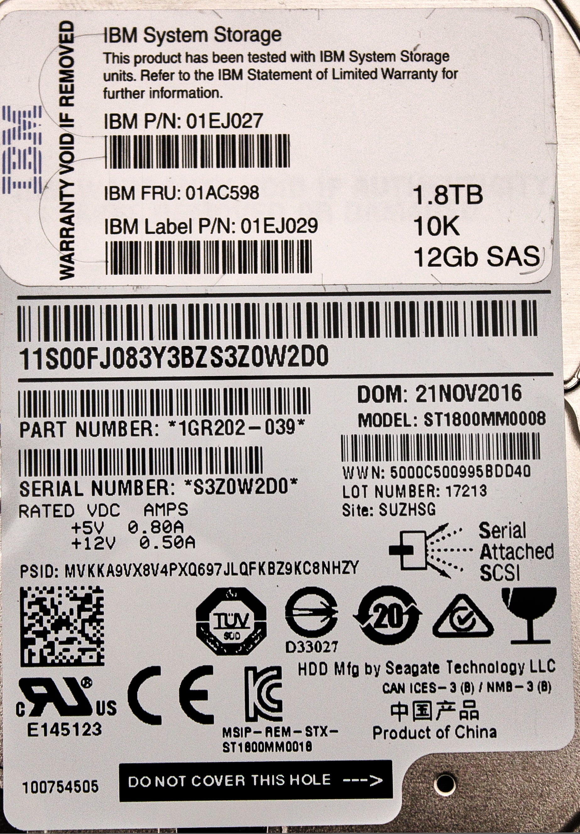 IBM 01AC598 1.8TB 10K 2.5 INCH HDD