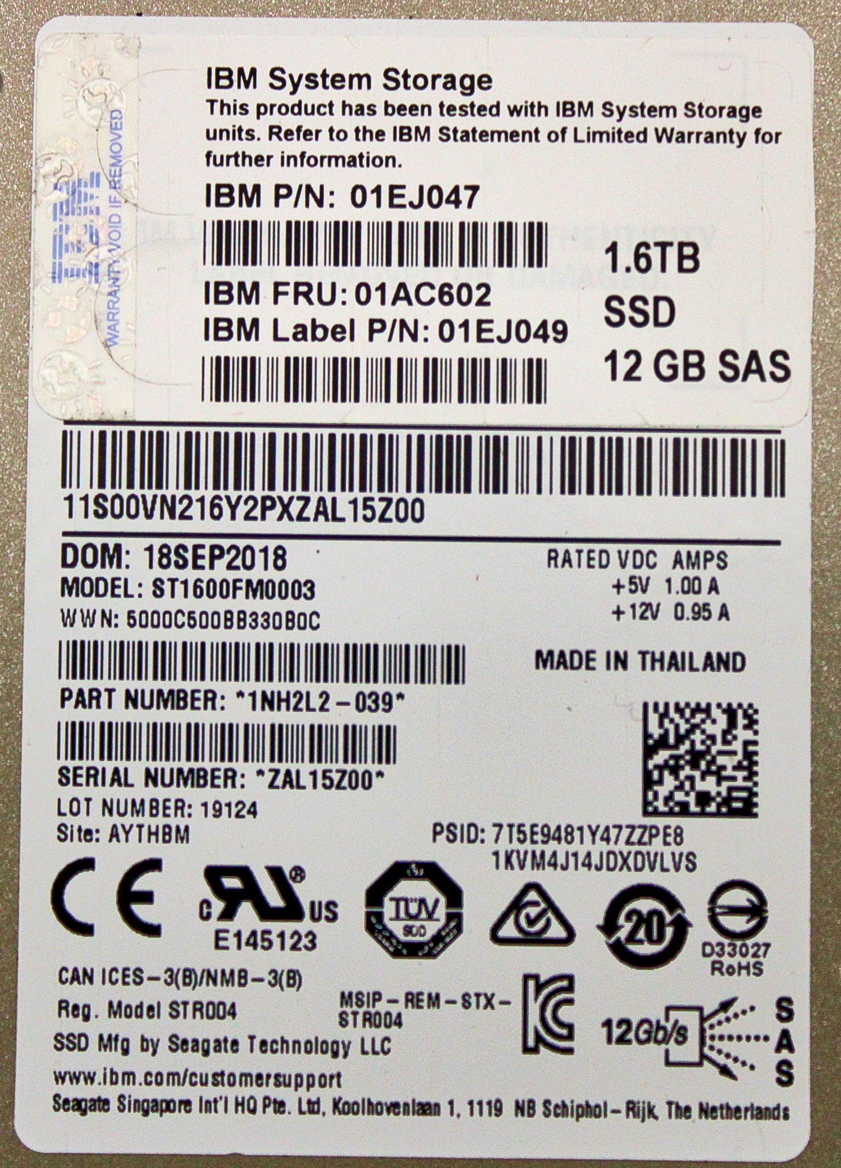 IBM 01AC602 1.6TB 2.5" Flash Drive Storwize V5000