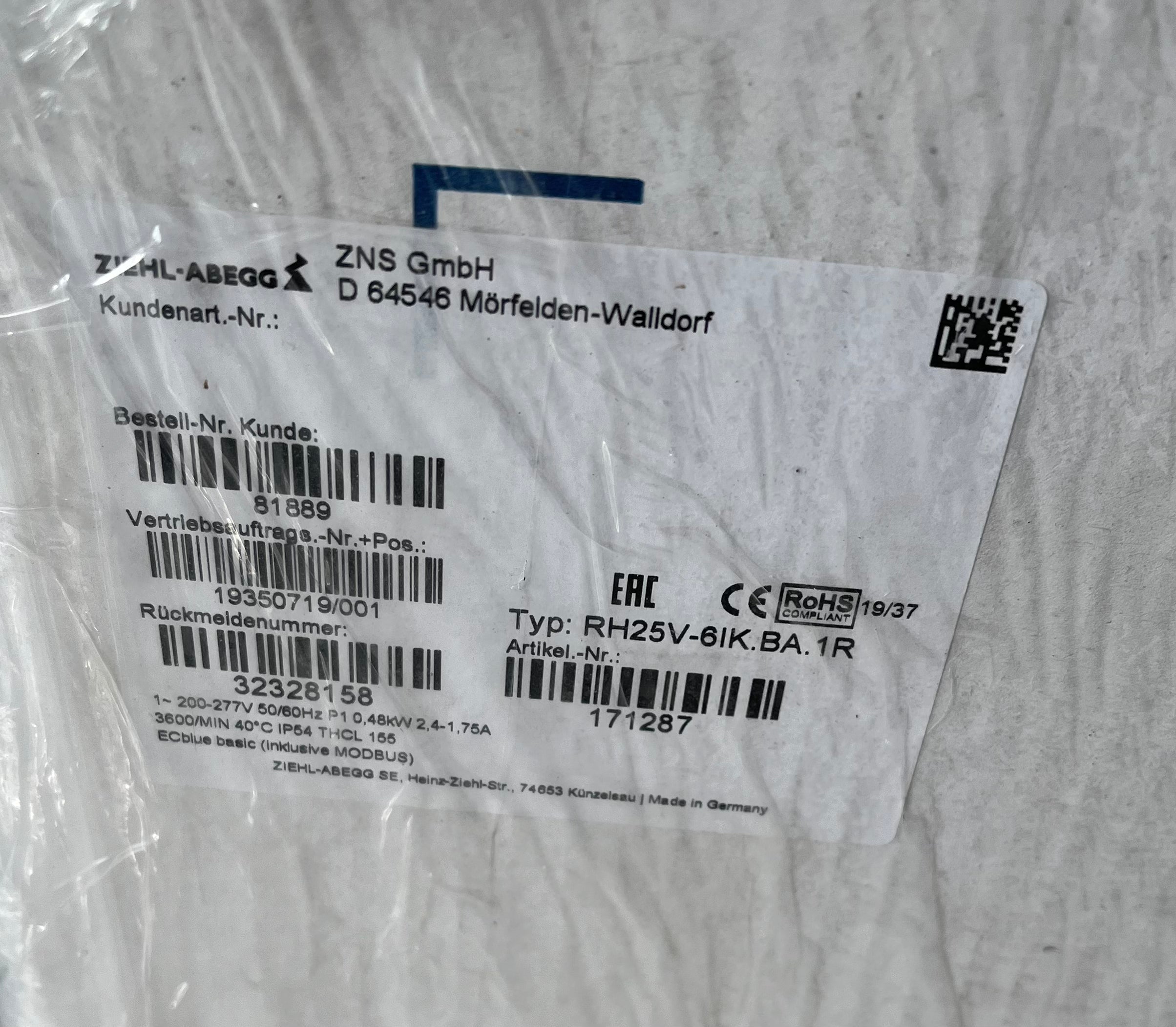 RH25V-6IK.BA.1R ZIEHL-ABEGG centrifugal fan 640W 1~200-277V 2.4/1.75A 2860-3250RPM
