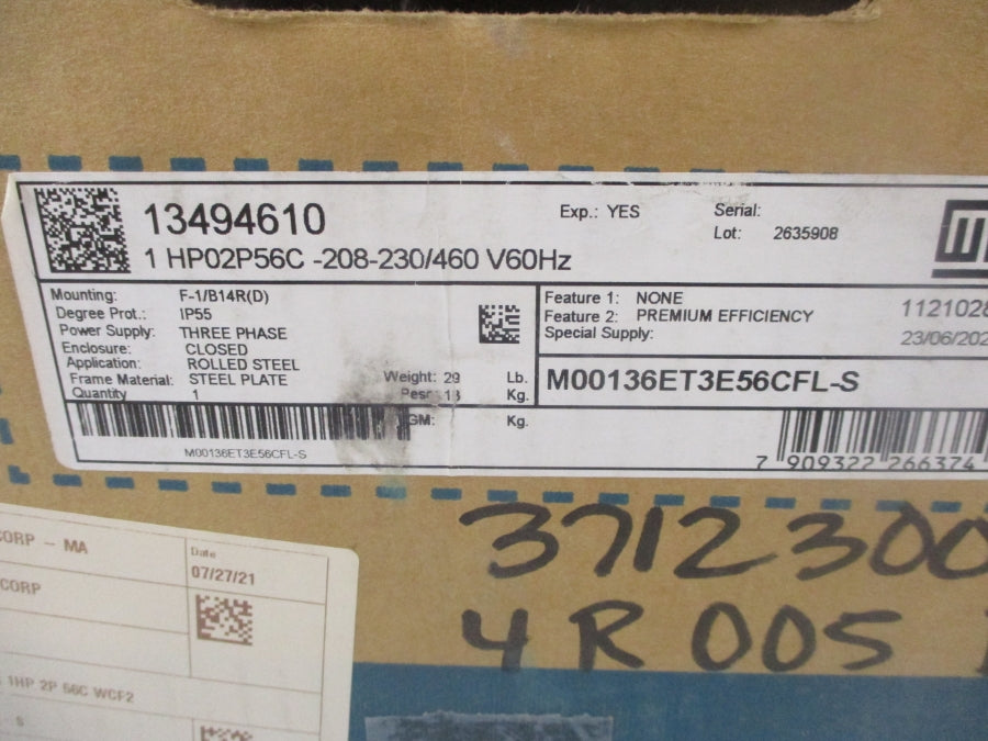 WEG M00136ET3E56CFL-S 208-230/460V 3.19-2.88/1.44A NSMP