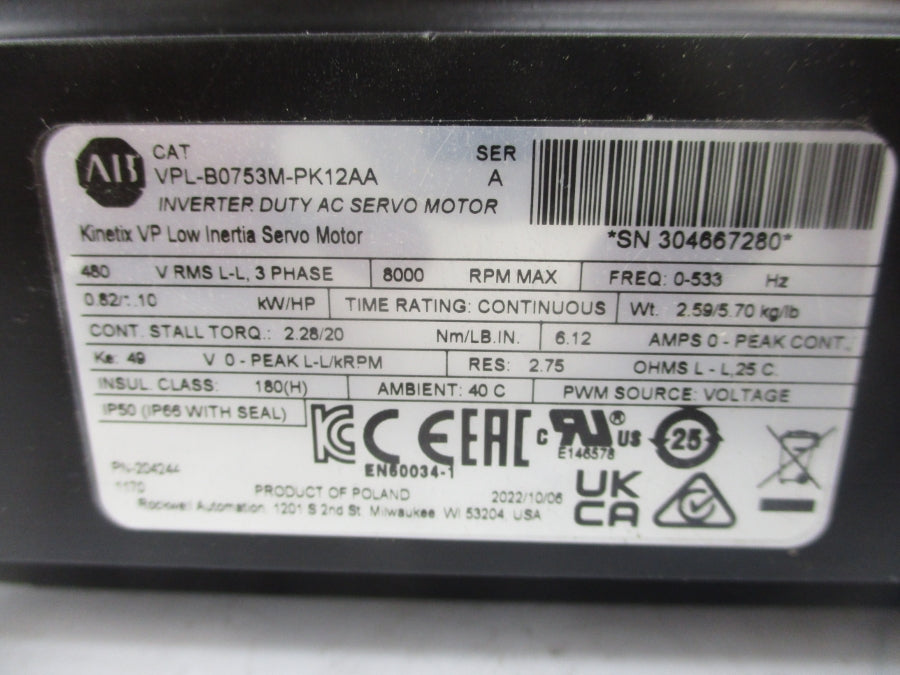 ALLEN BRADLEY VPL-B0753M-PK12AA SER. A 480V NSMP