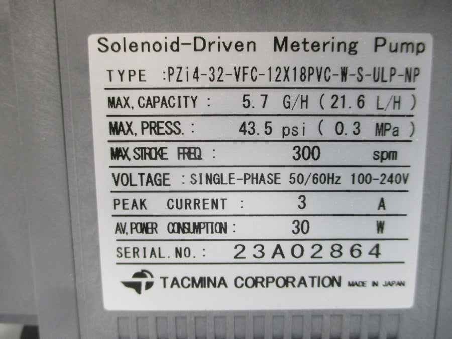 TACMINA PZI4-32-VFC-12X18PVC-W-S-ULP-NP 100-240V 3A 43.5PSI NSMP