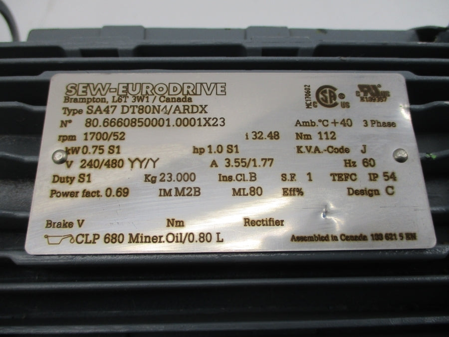 SEW-EURODRIVE SA47DT80N4/ARDX 240/480V 3.55/1.77A NSNP