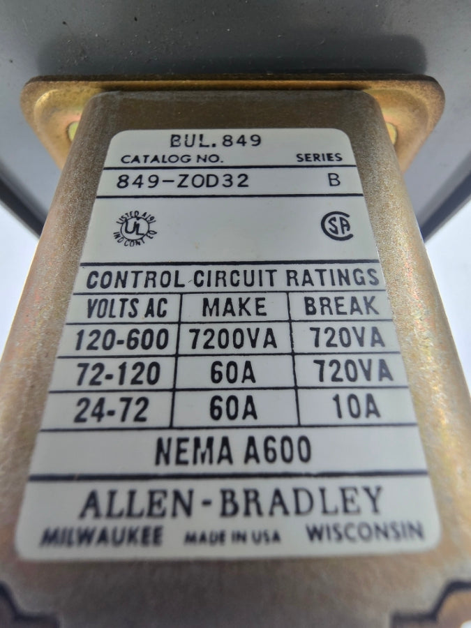 ALLEN BRADLEY 849-ZAD32 SER. B 110/120V 60A (MISSING COVER) (BR/YL) NSMP
