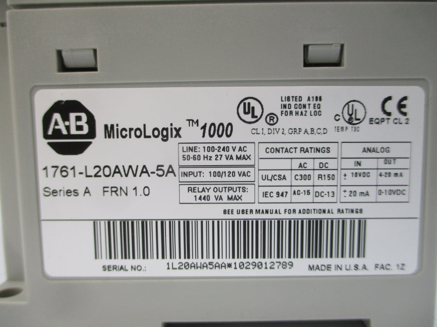 ALLEN BRADLEY 1761-L20AWA-5A SER. A F/W 1.0 100-240VAC NSMP